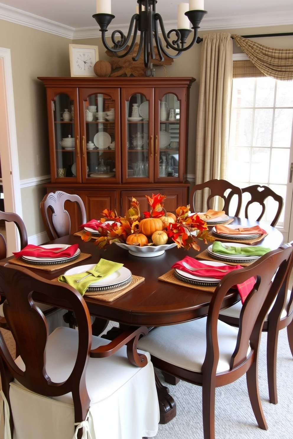 A cozy Thanksgiving dining room setting. The table is adorned with simple white dishes and vibrant, colorful napkins, creating a warm and inviting atmosphere. Surrounding the table are elegant wooden chairs with soft cushions. A centerpiece of autumn leaves and small pumpkins adds a festive touch to the decor.