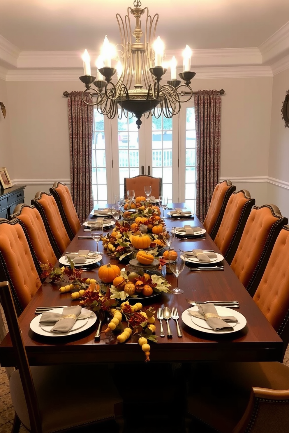 A beautifully set Thanksgiving dining room features a long wooden table adorned with gourd garlands cascading along the edges. Surrounding the table are elegant upholstered chairs in warm autumn hues, creating a cozy and inviting atmosphere. Above the table, a stunning chandelier casts a warm glow, enhancing the festive ambiance. The table is set with fine china, polished silverware, and seasonal centerpieces of pumpkins and fall foliage.