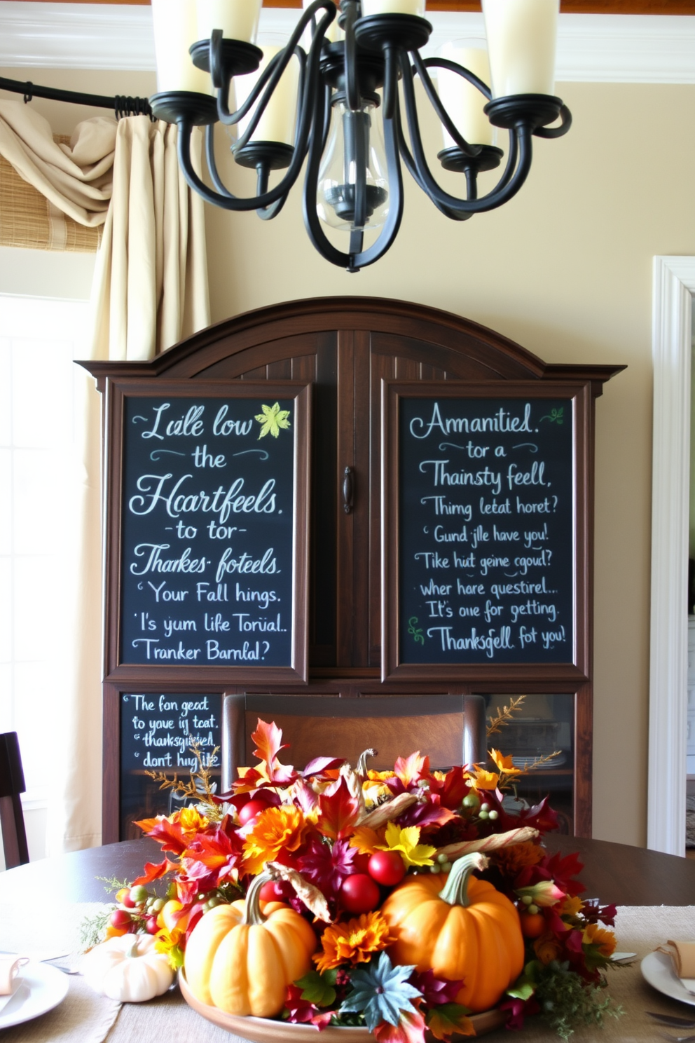 Chalkboard signs for personalized messages. The signs are elegantly framed in rustic wood, allowing guests to leave heartfelt notes. Thanksgiving Dining Room Decorating Ideas. The table is adorned with a rich autumnal centerpiece featuring pumpkins, gourds, and vibrant fall foliage.