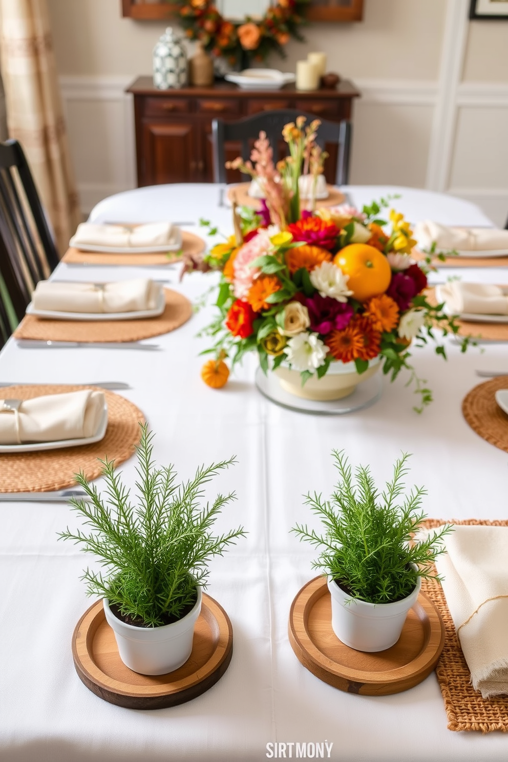 Fresh herbs in charming pots serve as delightful table decor accents, adding a touch of greenery and warmth to the Thanksgiving dining room. The table is elegantly set with a crisp white tablecloth, complemented by rustic wooden placemats and soft, neutral-toned napkins. A stunning centerpiece features a mix of seasonal fruits and vibrant flowers, creating a festive atmosphere. Surrounding the centerpiece, small pots of fresh herbs like rosemary and thyme invite guests to engage with the decor while enhancing the overall sensory experience.