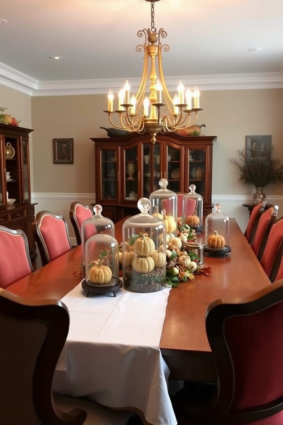 A beautifully arranged dining room for Thanksgiving features a long wooden table adorned with a crisp white tablecloth. Centered on the table are glass cloches showcasing seasonal items like pumpkins and gourds, creating a warm and inviting atmosphere. Surrounding the table are elegant upholstered chairs in rich autumn colors. Soft golden lighting from a chandelier casts a cozy glow, enhancing the festive decor throughout the room.