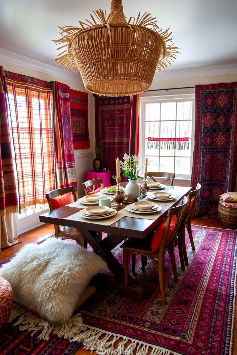 A warm and inviting dining room adorned with bohemian textiles creates a cozy atmosphere. Layered rugs in vibrant patterns cover the wooden floor, while plush cushions in rich colors are scattered across the chairs. The dining table is set with an eclectic mix of tableware, featuring handmade ceramic dishes and woven placemats. Above the table, a stunning chandelier made of natural materials adds a touch of elegance to the festive setting.