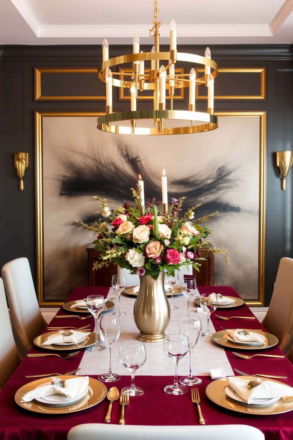 A stunning dining room adorned with mixed metallic accents. The table is elegantly set with gold and silver cutlery, shimmering glassware, and a rich burgundy tablecloth. Above the table, a modern chandelier features a blend of brass and chrome finishes, casting a warm glow. Centered on the table is a beautiful arrangement of seasonal flowers in a metallic vase, complemented by decorative candles.