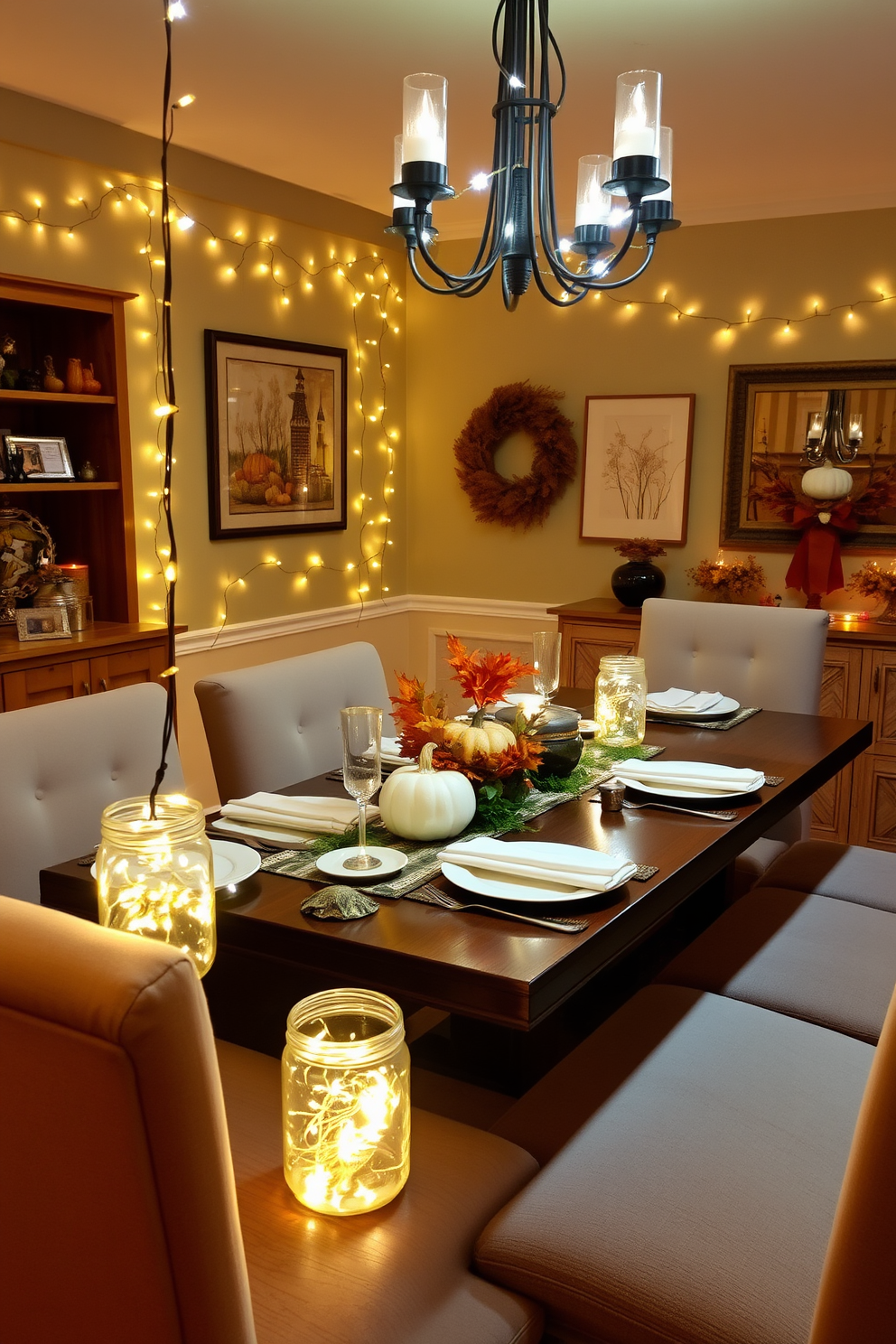 A cozy dining room adorned with twinkling fairy lights nestled in glass jars. The warm glow of the lights casts a soft ambiance over a beautifully set table, complete with a rustic wooden table and elegant place settings. The room features a harvest-themed centerpiece with pumpkins and seasonal foliage. Surrounding the table are plush chairs, and the walls are decorated with autumn-inspired artwork, enhancing the festive atmosphere.