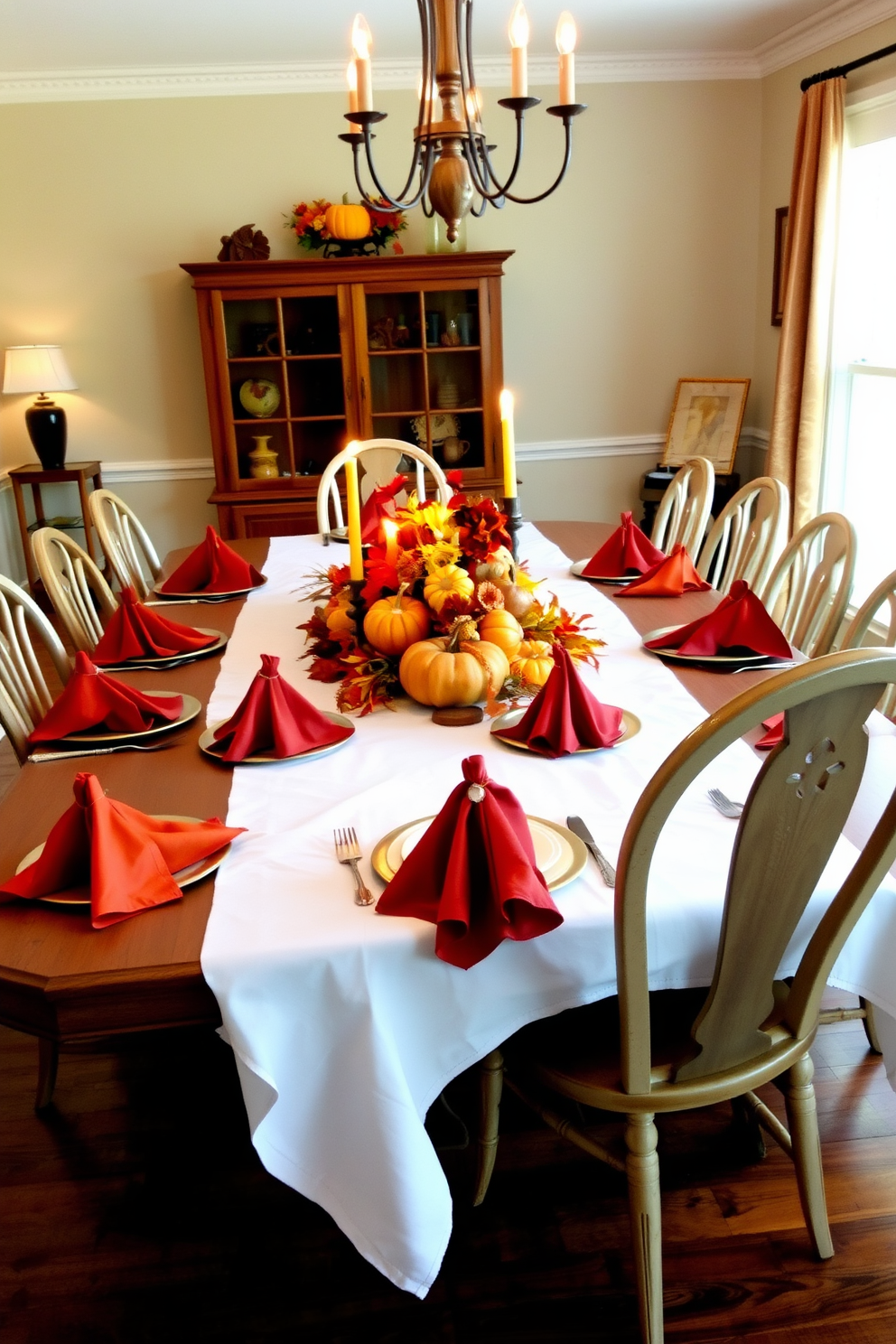 A Thanksgiving dining room setting featuring a large wooden table adorned with a crisp white tablecloth. Bold colored napkins in rich shades of orange and deep red are elegantly folded and placed at each setting, adding a vibrant pop of color. Surrounding the table are mismatched vintage chairs that bring a cozy charm to the space. A centerpiece of seasonal flowers and pumpkins enhances the festive atmosphere, while warm candlelight flickers softly, creating an inviting ambiance.