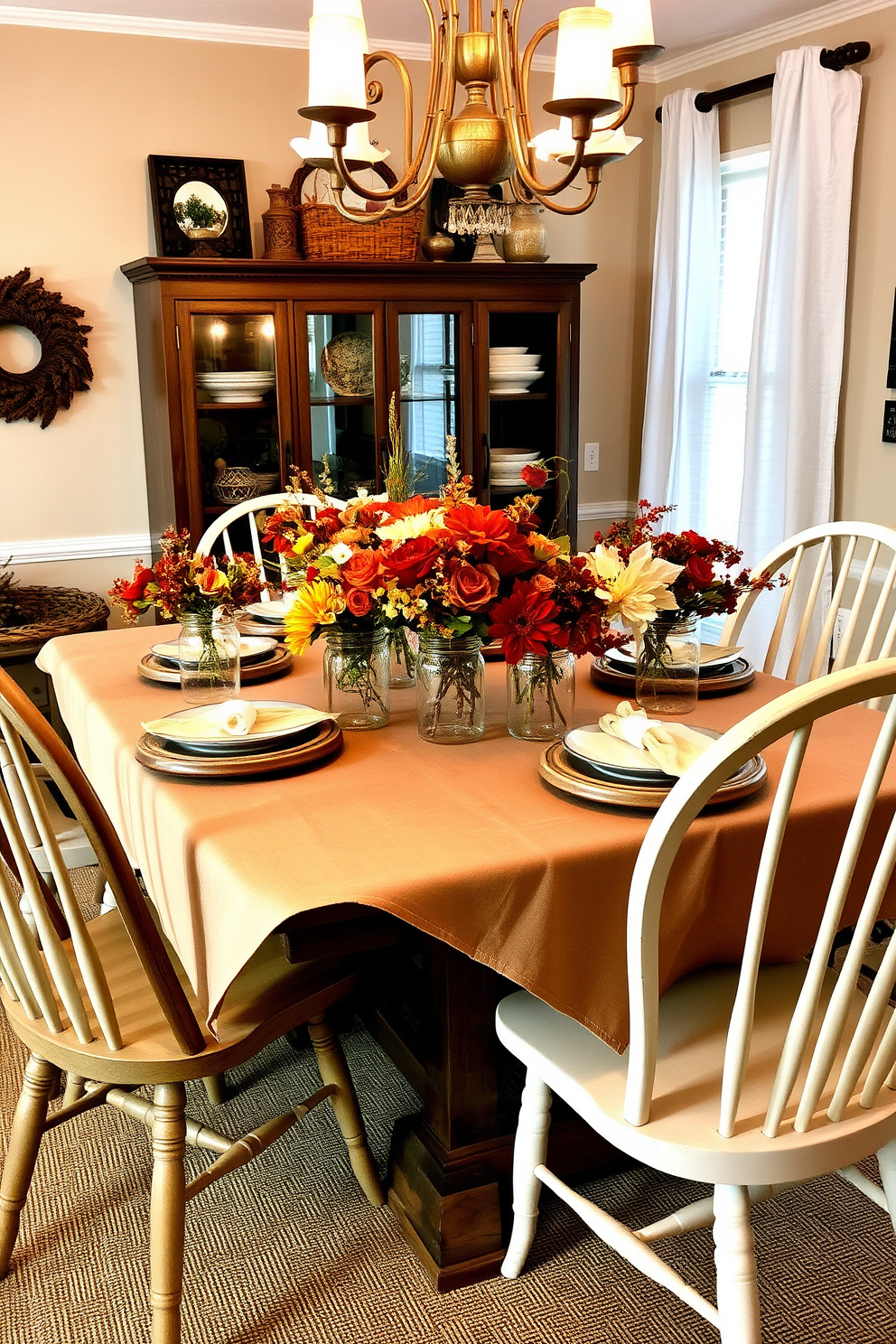 A cozy Thanksgiving dining room setting. The table is adorned with a rustic tablecloth and features an array of floral arrangements in mason jars, creating a warm and inviting atmosphere. Around the table, mismatched chairs add charm and character. Soft, ambient lighting enhances the rich autumn colors of the decor, making the space feel festive and welcoming.