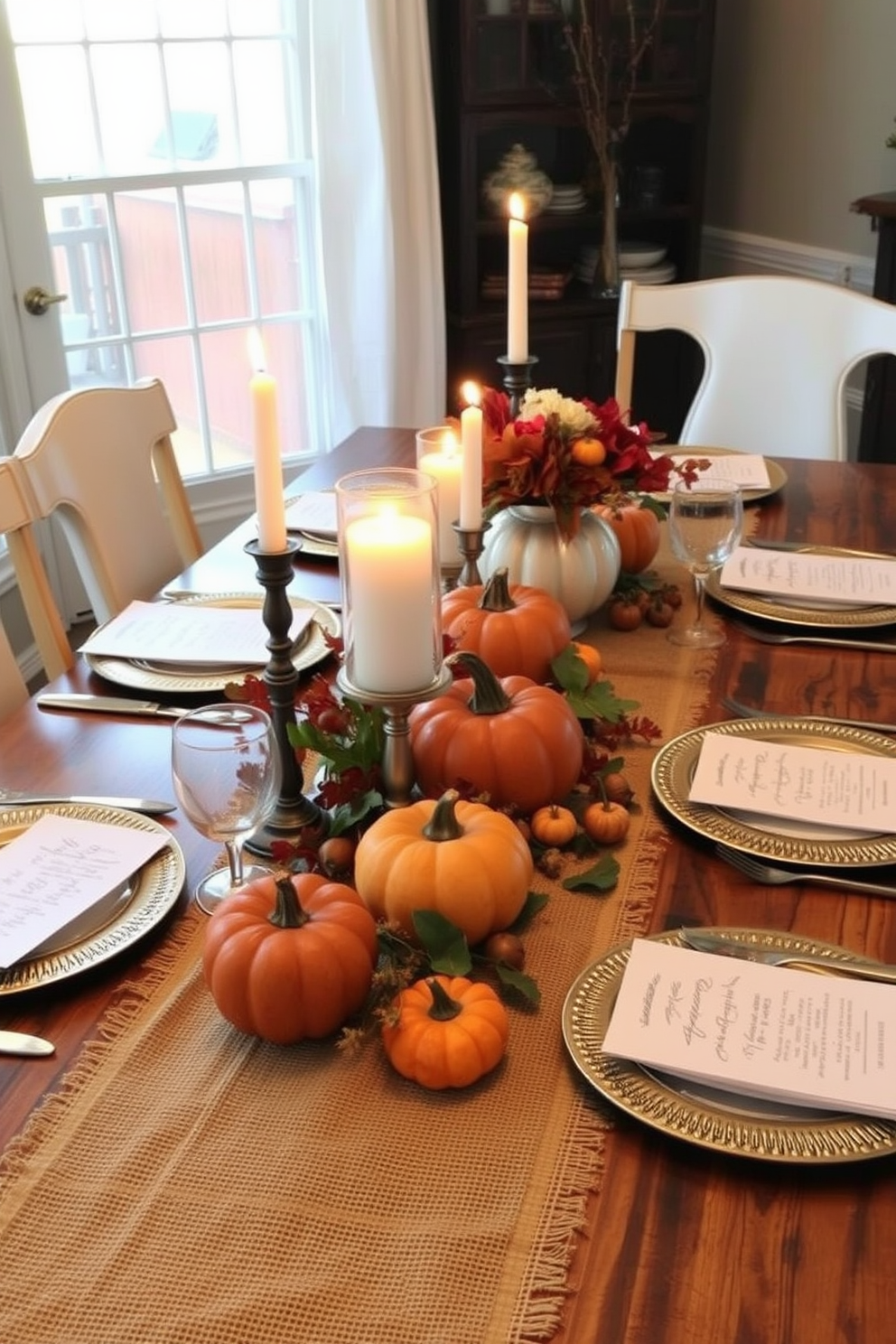 Handwritten menus elegantly displayed on each place setting bring a personal touch to the dining experience. The warm glow of candlelight complements the rustic wooden table adorned with seasonal centerpieces. Thanksgiving dining room decorating ideas incorporate rich autumnal colors and natural elements. A stunning table runner made of burlap and adorned with pumpkins creates a cozy atmosphere for family gatherings.