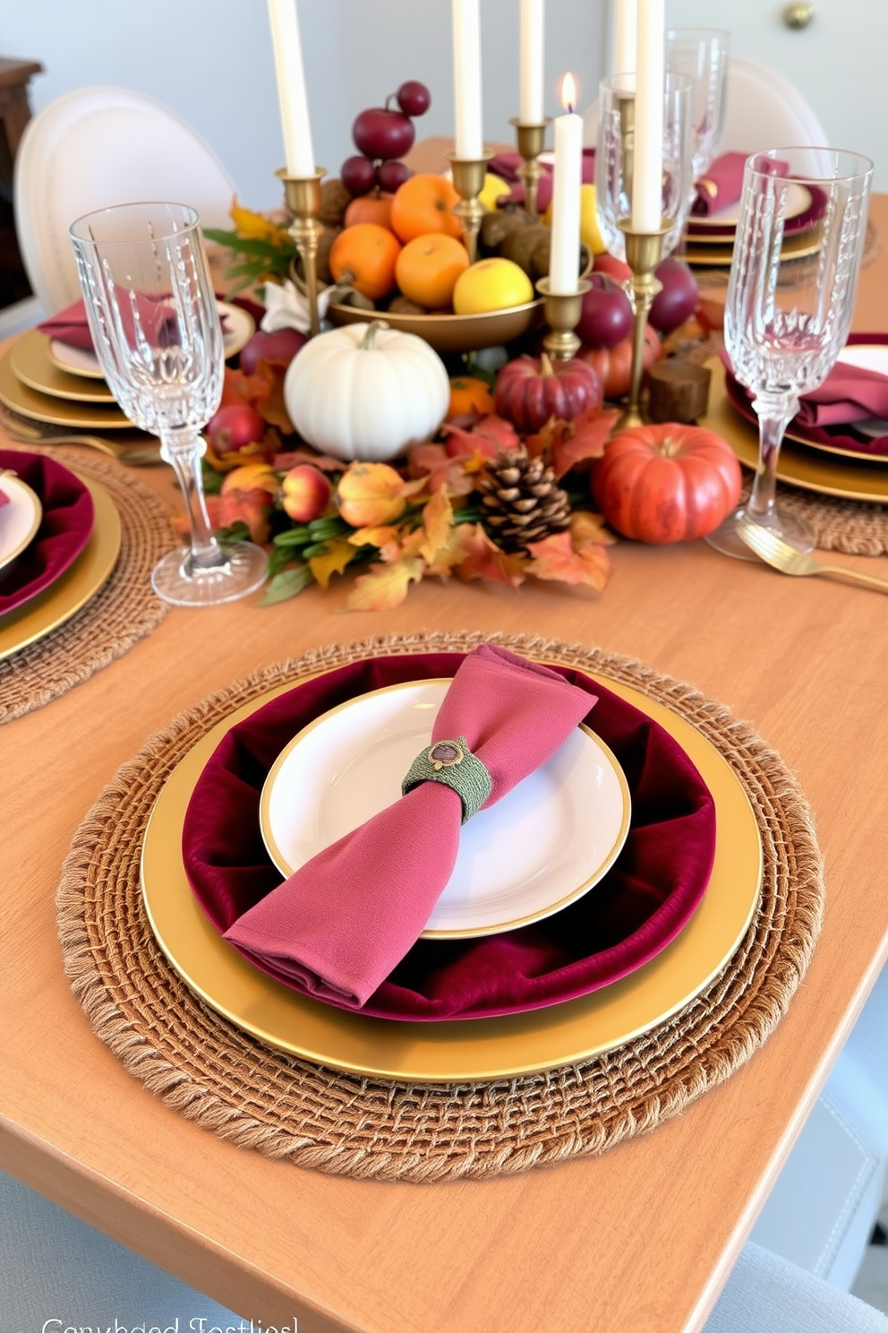 A beautifully set Thanksgiving dining table features layered placemats in warm autumnal colors. The top placemat is a rich burgundy velvet, while a natural jute mat peeks out from underneath, adding texture and depth to the setting. The table is adorned with elegant dinnerware, including gold-rimmed plates and crystal glassware. A centerpiece of seasonal fruits and candles creates a warm and inviting atmosphere for family gatherings.