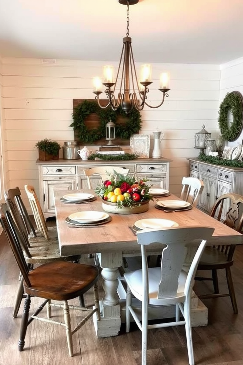 A cozy farmhouse dining room features a large distressed wood table surrounded by mismatched chairs, each with its own unique charm. Soft, warm lighting hangs above, creating an inviting atmosphere perfect for Thanksgiving gatherings. The table is adorned with a rustic centerpiece of seasonal fruits and greenery, complemented by simple white dishware. A backdrop of shiplap walls painted in a soft cream color adds to the warmth of the space, while a vintage sideboard displays festive decor and family heirlooms.