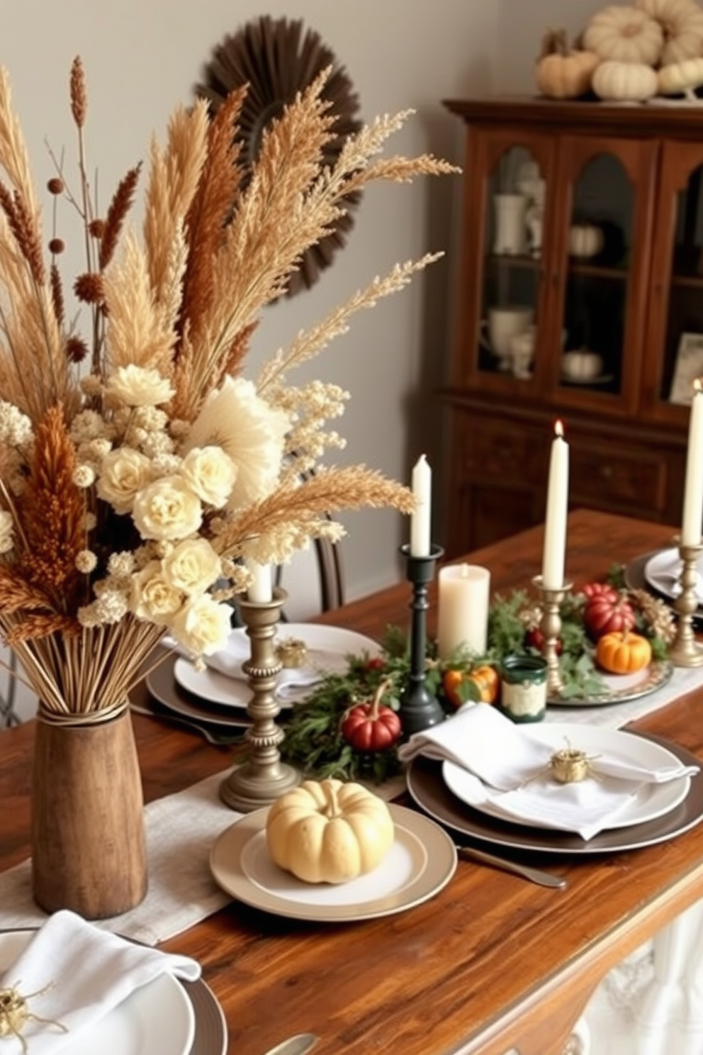 Dried flower bouquets arranged in rustic vases create a warm and inviting atmosphere. The natural textures and muted colors of the flowers complement a wooden dining table set for Thanksgiving. An elegant table setting features a linen tablecloth adorned with seasonal decorations. Candles in varied heights and small pumpkins enhance the cozy ambiance for a festive dining experience.