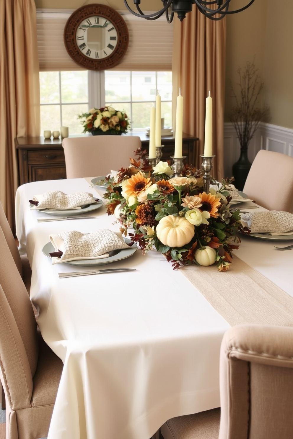 A cozy Thanksgiving dining room setting. The table is adorned with a neutral color palette featuring soft beige and cream linens, complemented by textured fabric napkins. Surrounding the table are upholstered chairs with plush cushions. A centerpiece of seasonal flowers and candles creates a warm and inviting atmosphere.