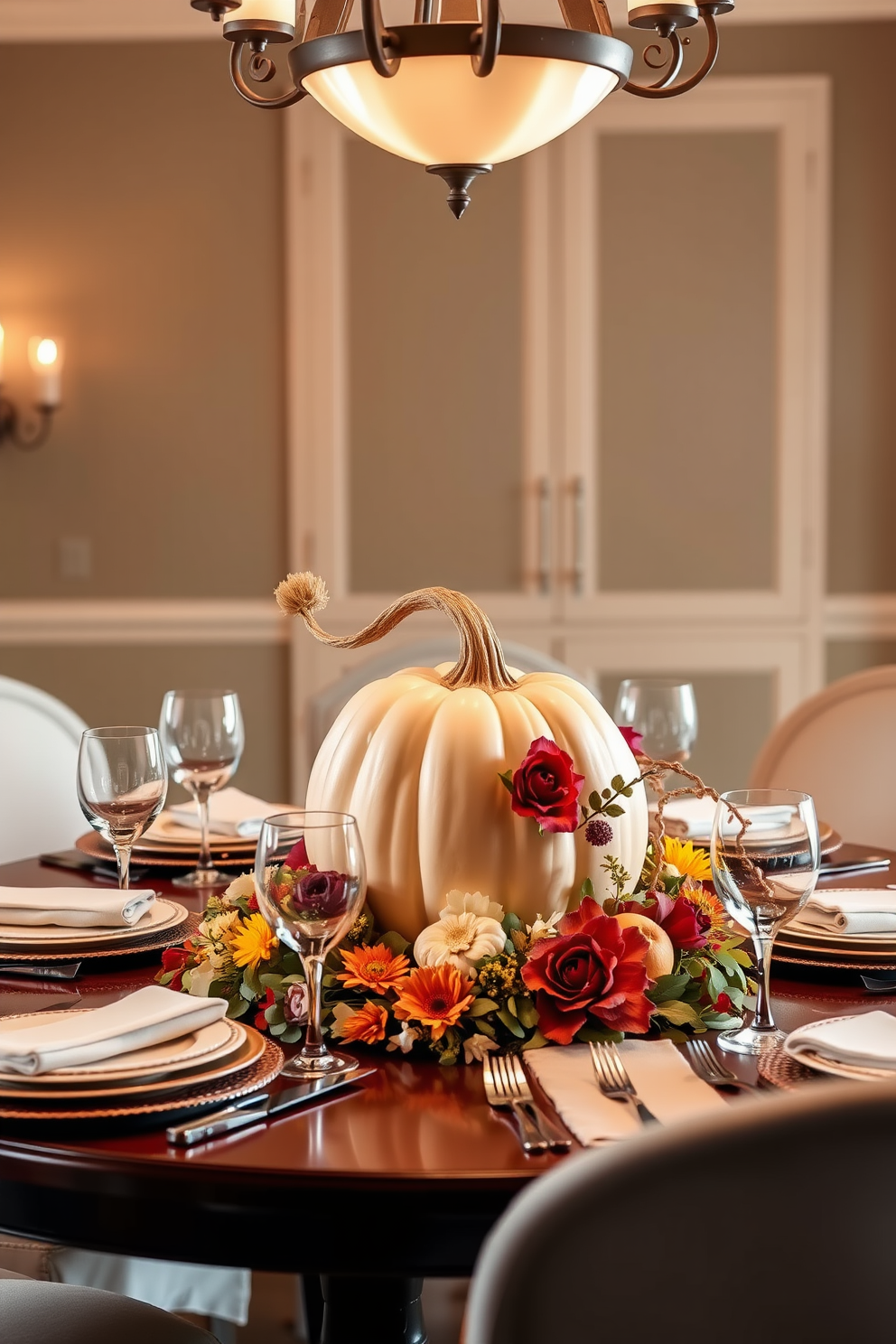 A beautifully arranged dining table for Thanksgiving features a stunning pumpkin centerpiece adorned with fresh seasonal flowers. The table is set with elegant dinnerware and soft, warm lighting creates an inviting atmosphere.