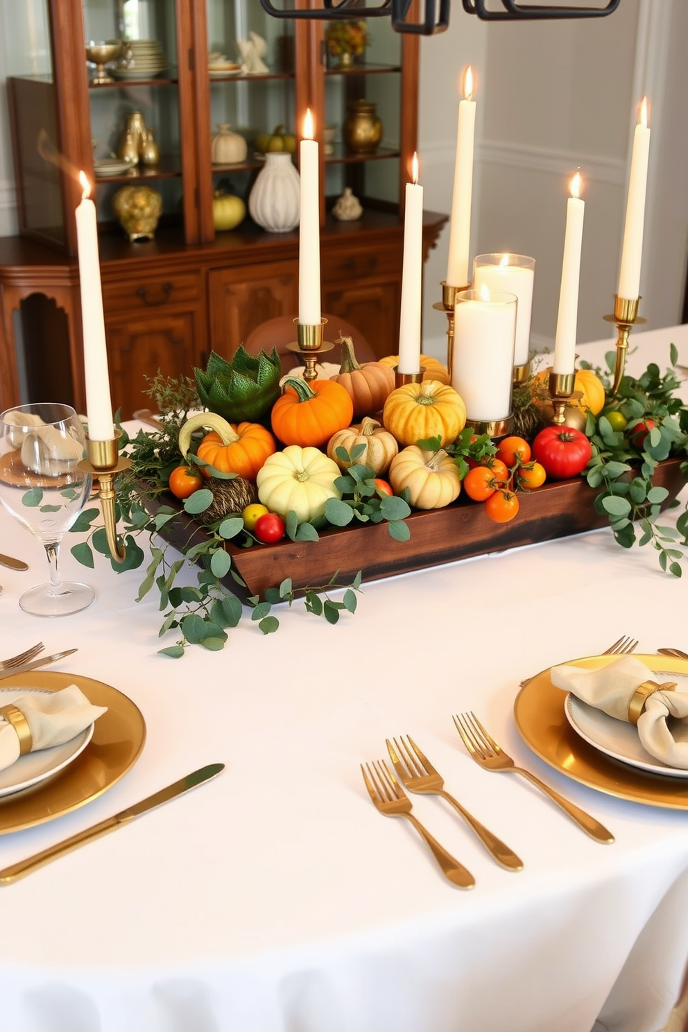 A beautifully set dining table adorned with artful arrangements of seasonal vegetables. The centerpiece features a rustic wooden tray filled with pumpkins, squash, and colorful heirloom tomatoes, surrounded by soft candlelight. The table is dressed in a crisp white tablecloth, complemented by elegant gold cutlery and fine china. Fresh greenery and eucalyptus branches drape across the table, adding a touch of natural elegance to the Thanksgiving dining room.