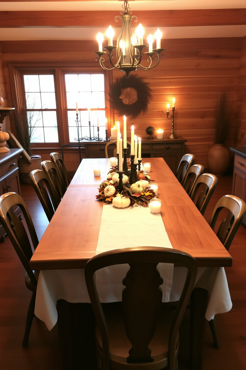 A cozy Thanksgiving dining room featuring rustic wood accents. A long wooden table is adorned with a white tablecloth, surrounded by mismatched chairs and glowing candles in various heights. The centerpiece includes a mix of seasonal gourds and autumn leaves. Soft, warm lighting creates an inviting atmosphere perfect for family gatherings.