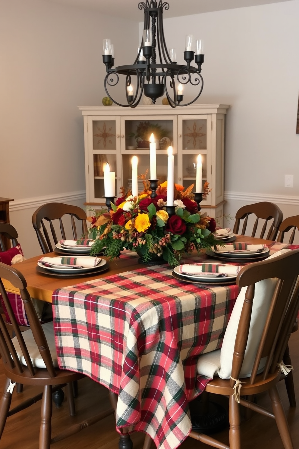 A colorful plaid tablecloth drapes elegantly over a rustic wooden dining table, adding warmth and a festive touch to the setting. Surrounding the table are mismatched chairs, each adorned with cozy cushions that invite guests to gather and enjoy a meal together. The centerpiece features a bountiful arrangement of seasonal flowers and greenery, complemented by flickering candles in varied heights. Soft lighting from a chandelier above casts a warm glow, enhancing the inviting atmosphere of this Thanksgiving dining room.