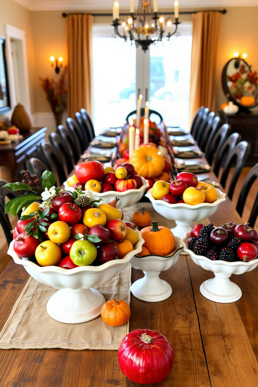 A vibrant display of seasonal fruits in elegant ceramic bowls arranged on a rustic wooden table. The bowls overflow with a colorful assortment of apples, pears, and pomegranates, creating a warm and inviting centerpiece. A beautifully decorated Thanksgiving dining room featuring a long table set with autumn-themed tableware. The table is adorned with a centerpiece of pumpkins and gourds, complemented by flickering candlelight and rich, earthy colors.