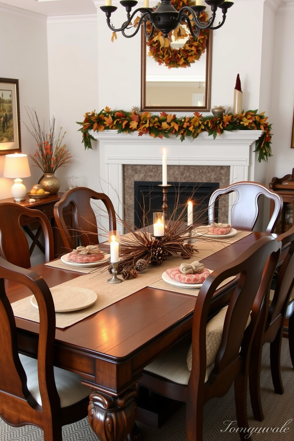 A cozy Thanksgiving dining room filled with natural elements like pinecones and twigs. The wooden dining table is adorned with a rustic centerpiece made of twigs and pinecones, complemented by warm candlelight. Surrounding the table, elegant chairs feature soft cushions in autumn hues. The walls are decorated with seasonal artwork, and a garland of leaves hangs above the fireplace, creating a welcoming atmosphere.