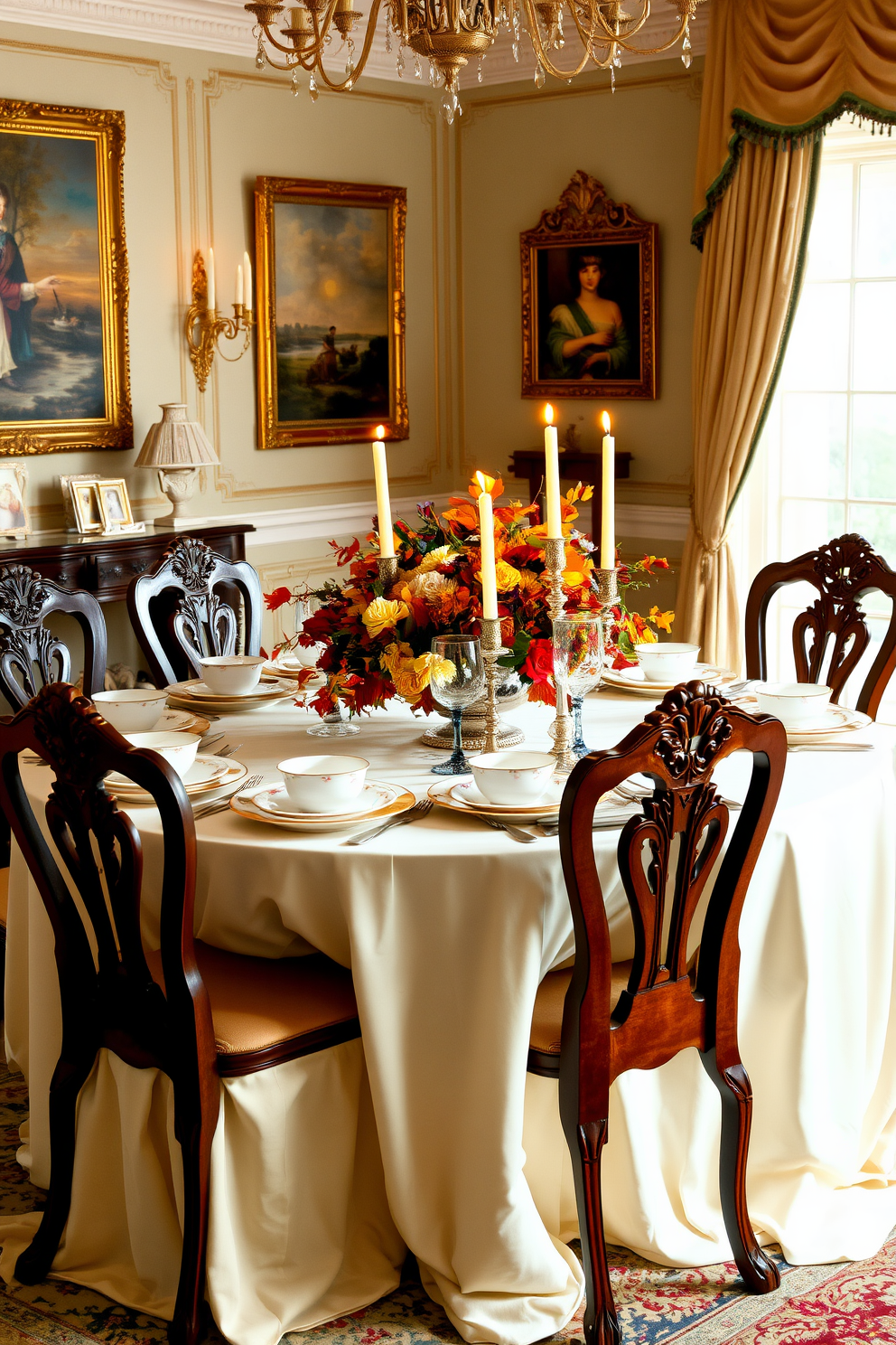 A vintage dining room setting adorned with elegant china pieces on a beautifully set table. The table is draped with a soft cream tablecloth, and surrounded by antique wooden chairs with intricate carvings. A centerpiece of seasonal flowers in warm autumn hues sits in the middle, complemented by flickering candlelight. The walls are decorated with classic artwork, and soft golden accents provide a warm and inviting atmosphere.