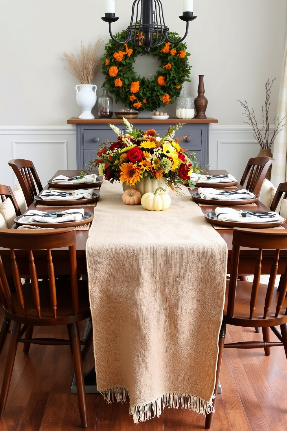 A Thanksgiving dining room setting featuring layered textures with linen and burlap. The table is elegantly set with a natural burlap table runner, complemented by soft linen napkins and rustic wooden plates. Surrounding the table are mismatched wooden chairs, each adorned with a cozy linen cushion. Centered on the table is a vibrant centerpiece of seasonal flowers and pumpkins, adding warmth to the inviting atmosphere.