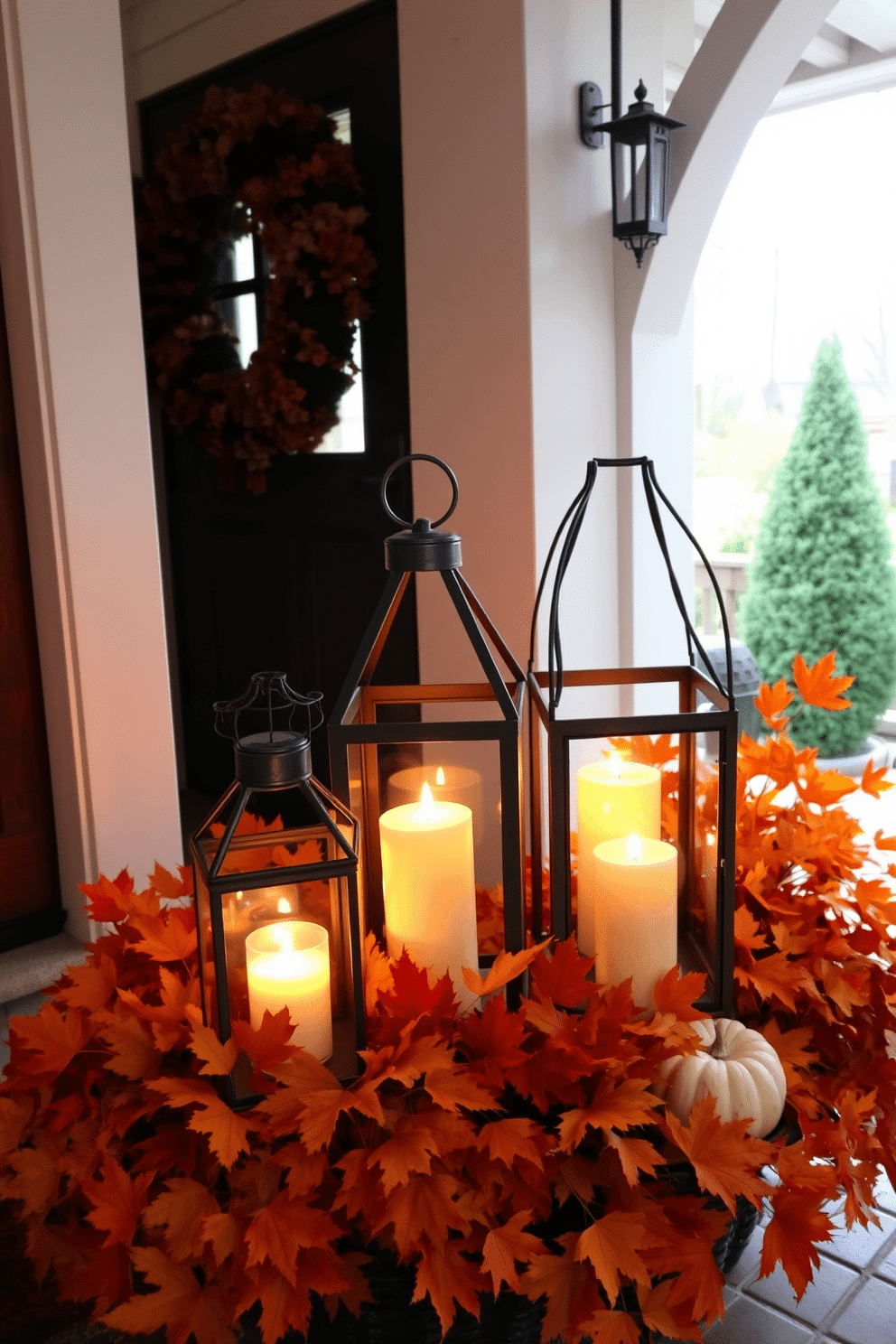 A cozy entryway adorned with decorative lanterns filled with flickering candles, casting a warm glow. Surrounding the lanterns, vibrant autumn leaves in shades of orange and gold create a festive Thanksgiving atmosphere.