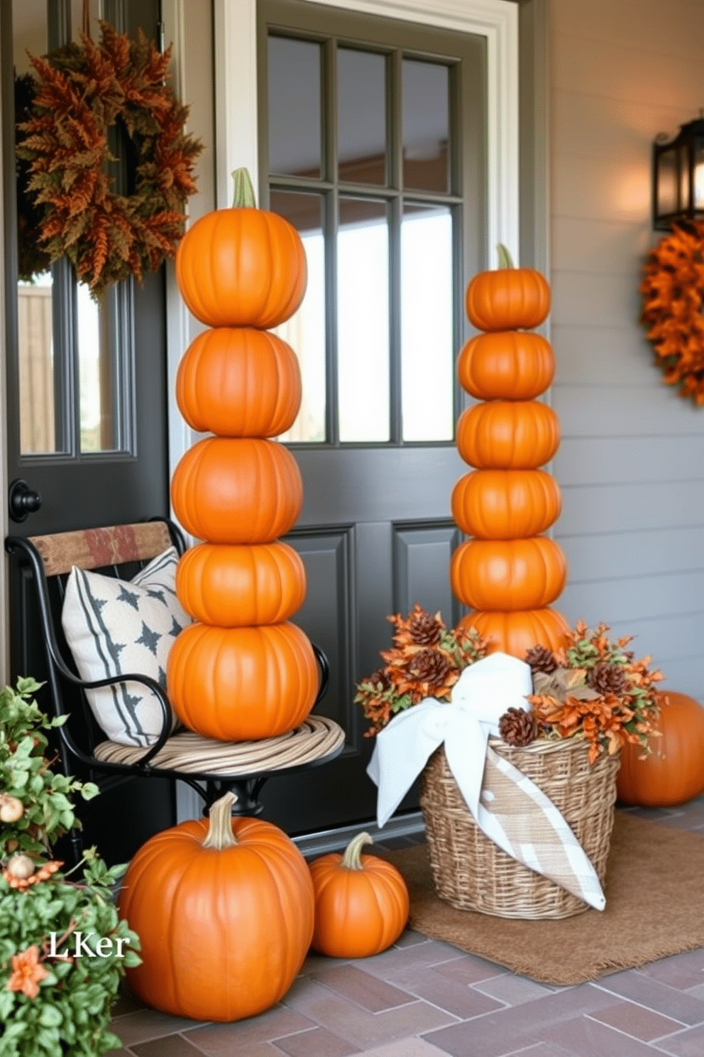 A charming entryway adorned with a pumpkin topiary positioned by the front door. The warm autumn colors of the pumpkins complement the seasonal decor, creating a welcoming atmosphere for guests. Decorative elements include a rustic wooden bench and a woven basket filled with seasonal foliage. Soft, ambient lighting enhances the cozy feel of the space, inviting visitors to enjoy the festive spirit of Thanksgiving.