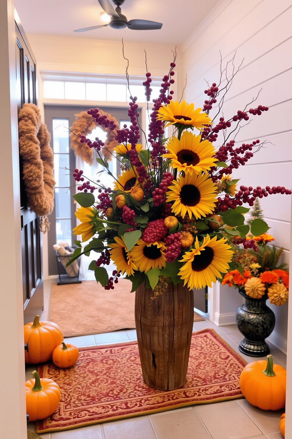 A welcoming entryway adorned with a vibrant floral arrangement featuring sunflowers and clusters of berries. The arrangement is placed in a rustic wooden vase, enhancing the warm autumn ambiance of the space. Soft, ambient lighting illuminates the area, highlighting the rich colors of the flowers. A cozy doormat welcomes guests, while decorative pumpkins are scattered around to complete the Thanksgiving theme.