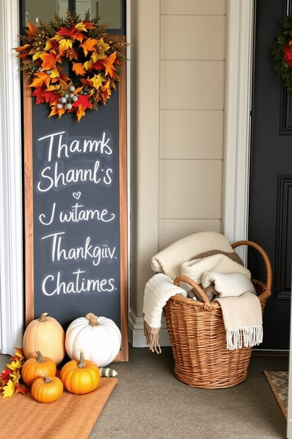 A charming entryway adorned with a chalkboard sign displaying warm Thanksgiving greetings. Surrounding the sign are seasonal decorations including small pumpkins, autumn leaves, and a cozy woven basket filled with blankets.