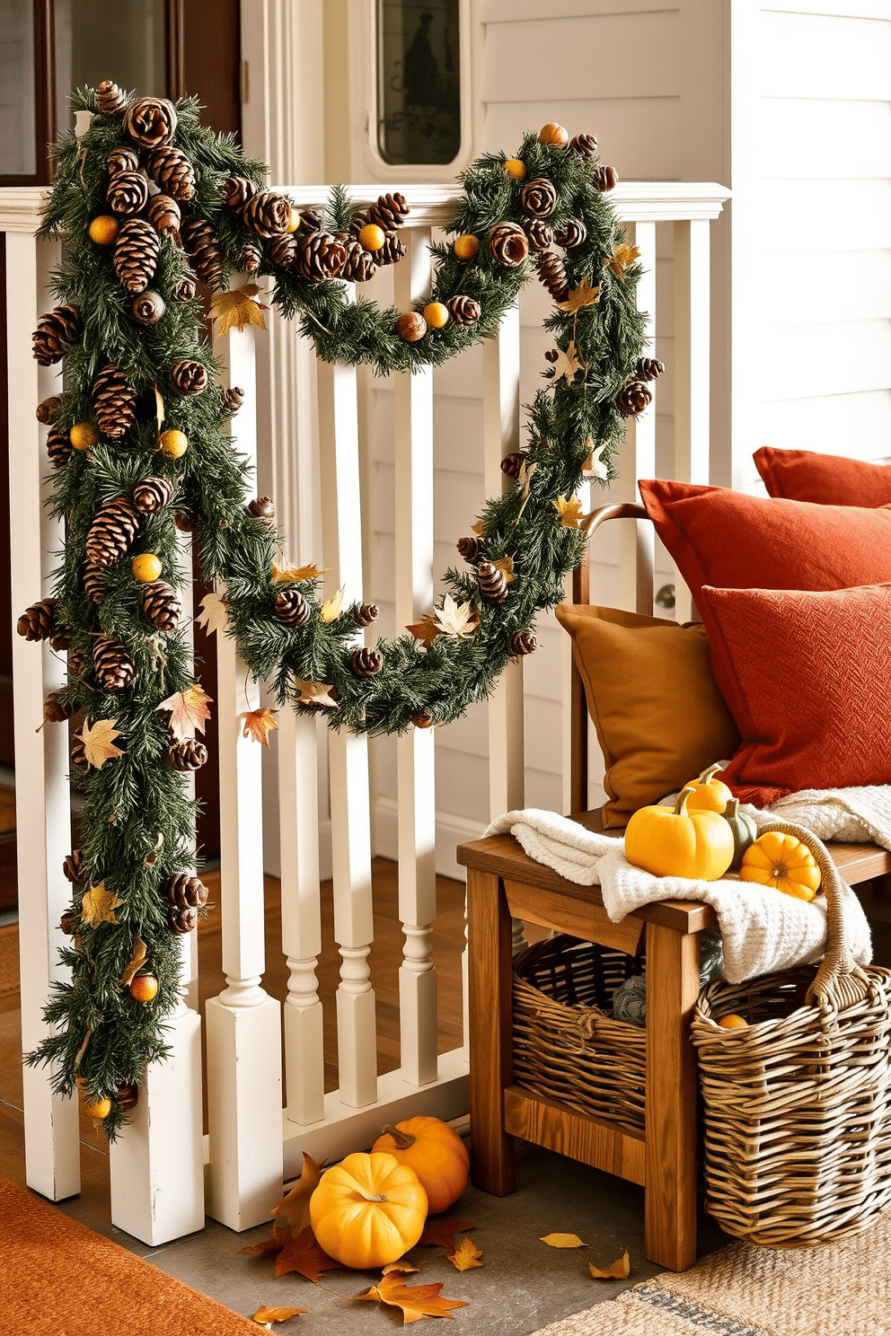 A warm and inviting entryway adorned for Thanksgiving. The railing is elegantly draped with a pinecone garland, complemented by small pumpkins and autumn leaves scattered along the surface. To the side, a rustic wooden bench is topped with plush cushions in earthy tones. A woven basket filled with seasonal fruits sits nearby, enhancing the cozy atmosphere.