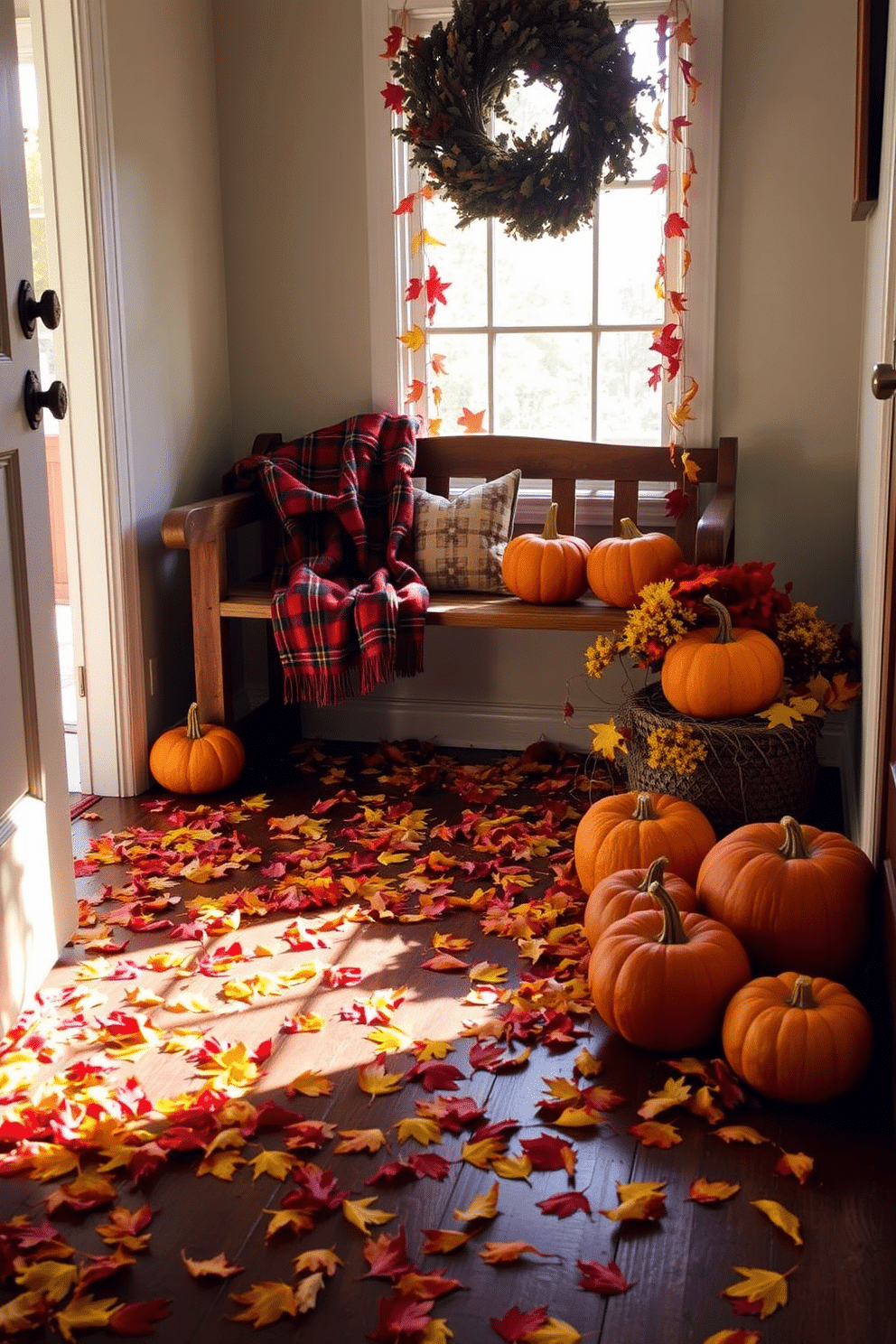 A warm and inviting entryway adorned with colorful fall leaves scattered across the wooden floor. A rustic bench sits against the wall, draped with a cozy plaid throw and surrounded by pumpkins of various sizes in rich autumn hues.