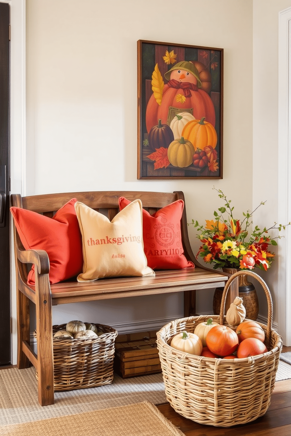 A warm and inviting entryway adorned with Thanksgiving-themed artwork on the wall. The artwork features rich autumn colors and traditional harvest motifs, creating a festive atmosphere. A rustic wooden bench sits against the wall, decorated with plush throw pillows in seasonal hues. A woven basket filled with pumpkins and gourds is placed beside the bench, enhancing the Thanksgiving spirit.