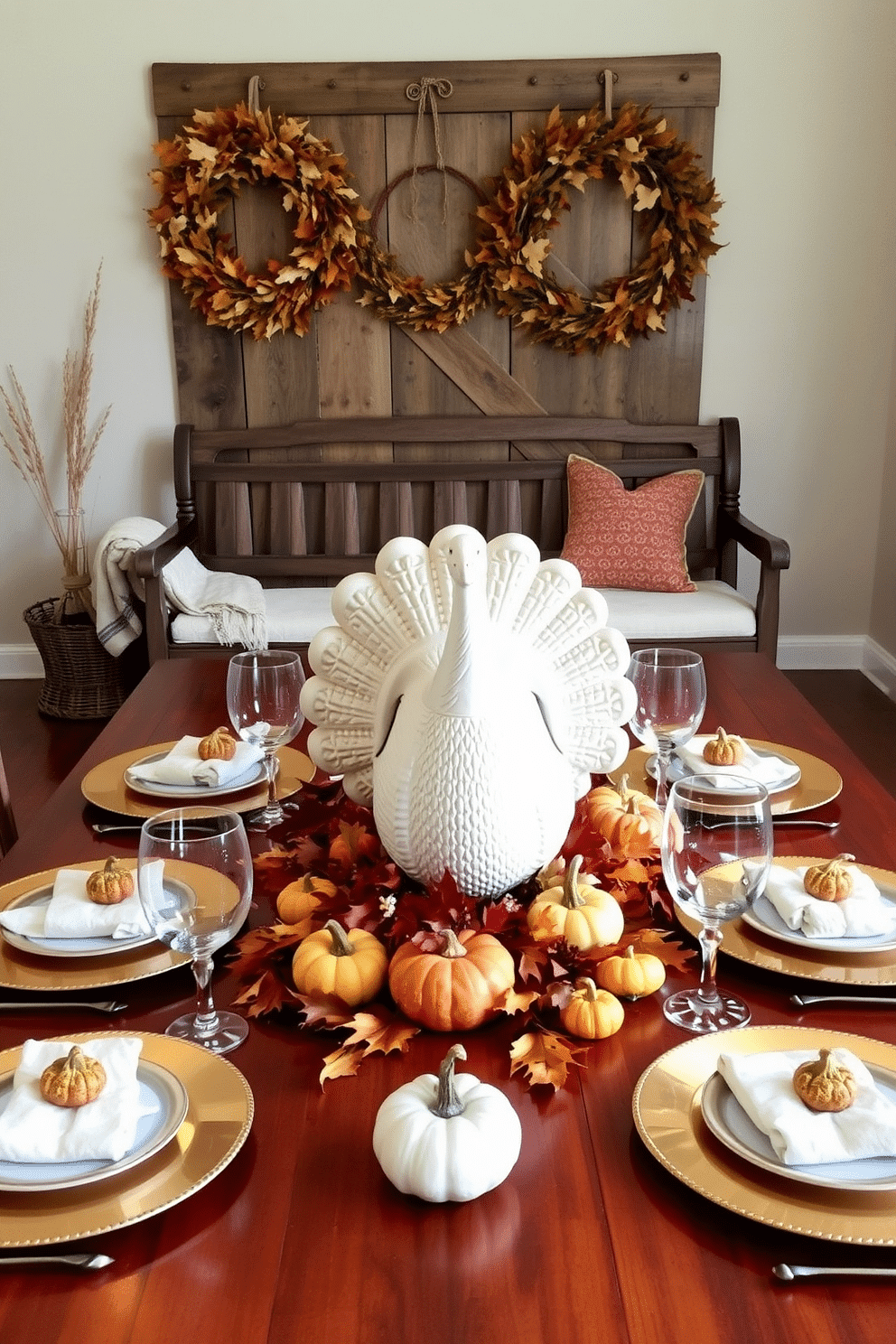 A ceramic turkey centerpiece sits prominently on a beautifully set dining table adorned with autumn leaves and small pumpkins. Surrounding the centerpiece are elegant place settings featuring gold-rimmed plates and crystal glasses, creating a festive atmosphere. The entryway is decorated with warm, earthy tones that reflect the spirit of Thanksgiving. A rustic bench is placed against the wall, flanked by wreaths made of dried leaves and a cozy throw draped over one side.