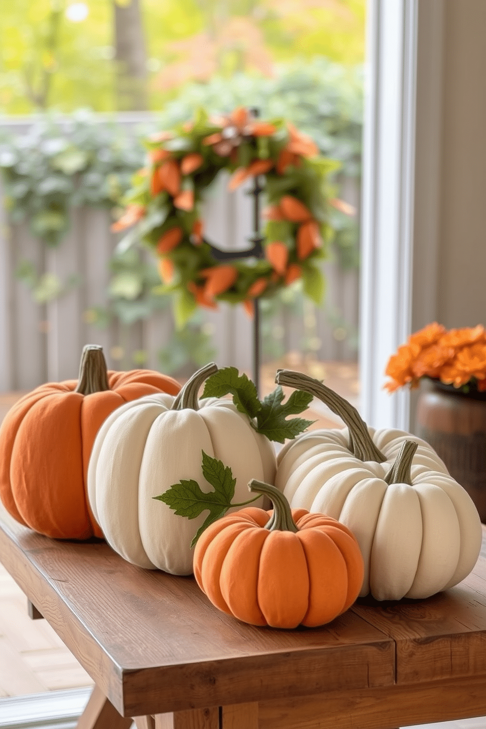 Fabric pumpkins in various sizes are artfully arranged on a rustic wooden table at the entryway. Soft autumn hues of orange, cream, and green create a warm and inviting atmosphere, complemented by a backdrop of seasonal foliage.