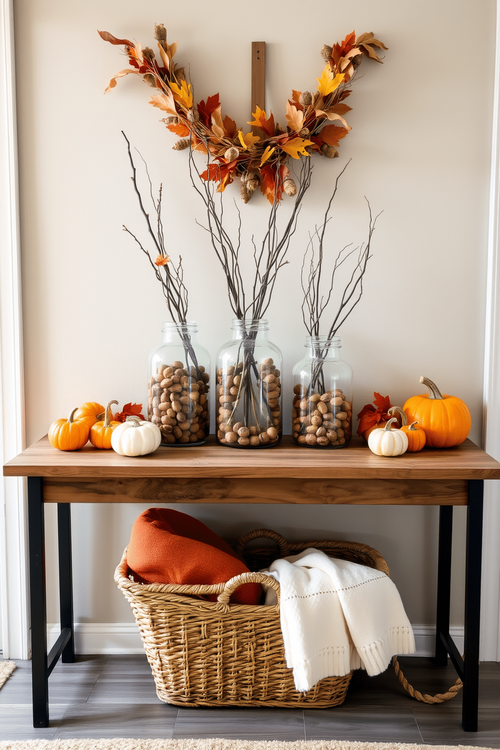 A warm and inviting entryway adorned for Thanksgiving. The focal point features glass jars filled with acorns and twigs, artfully arranged on a rustic wooden console table. Surrounding the jars, seasonal decorations such as small pumpkins and autumn leaves enhance the festive atmosphere. A cozy woven basket at the base holds extra blankets, inviting guests to feel at home.