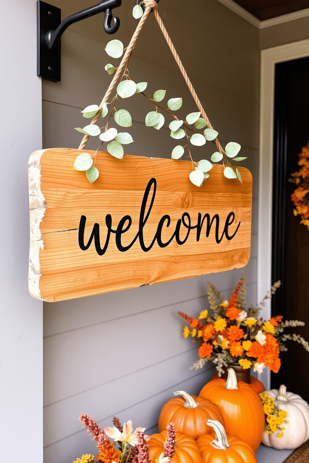 A rustic wooden welcome sign hangs at the entrance adorned with delicate green leaves. The sign is complemented by warm autumn decorations, including pumpkins and seasonal flowers, creating a cozy Thanksgiving atmosphere.