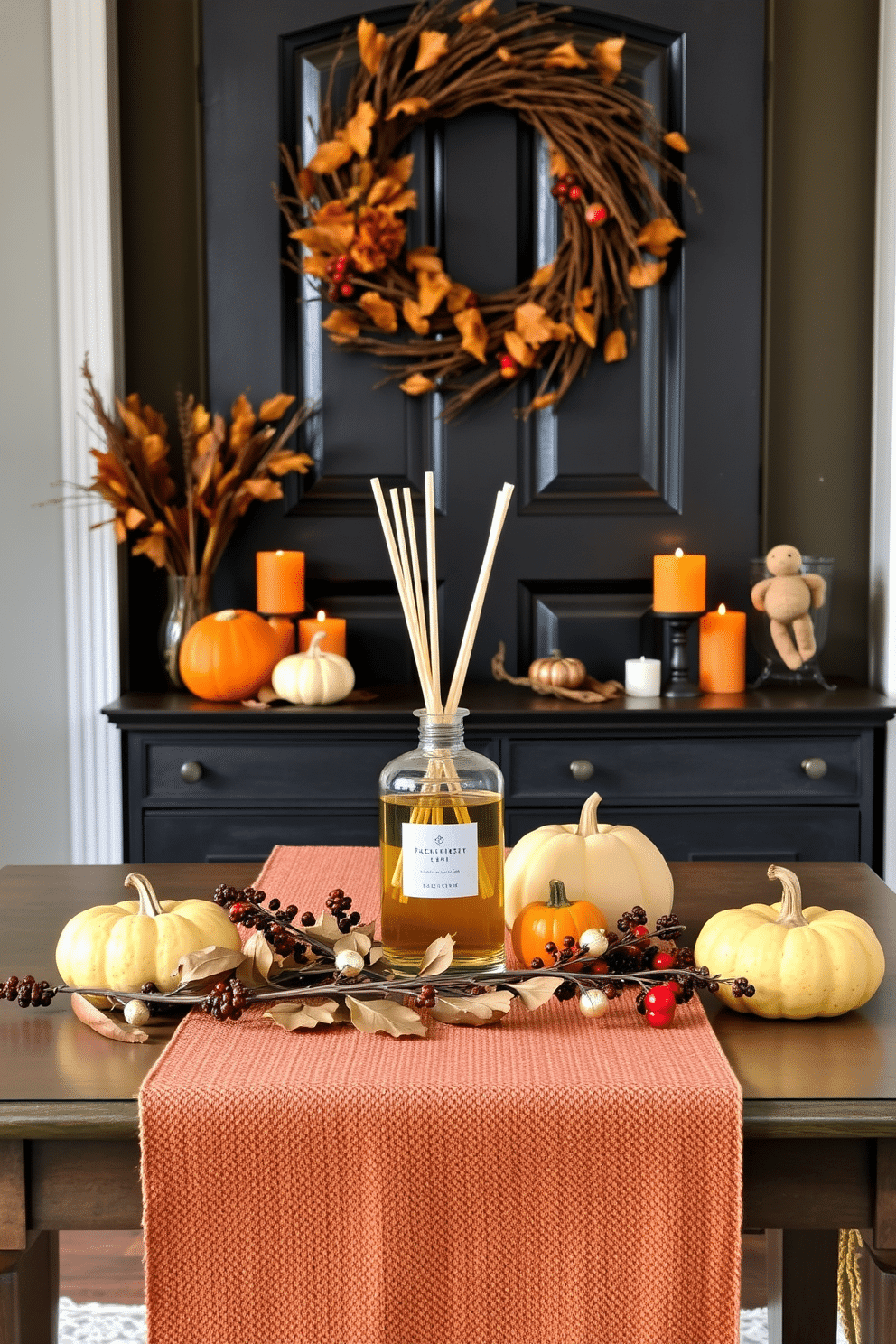 A seasonal scent diffuser sits elegantly on a console table, surrounded by decorative pumpkins and warm-toned candles. The entryway is adorned with a rich, textured runner that complements the autumn palette of oranges and browns. A garland of dried leaves and berries drapes over the table, adding a natural touch to the space. A welcoming wreath made of twigs and seasonal foliage hangs on the door, inviting guests into a cozy atmosphere.