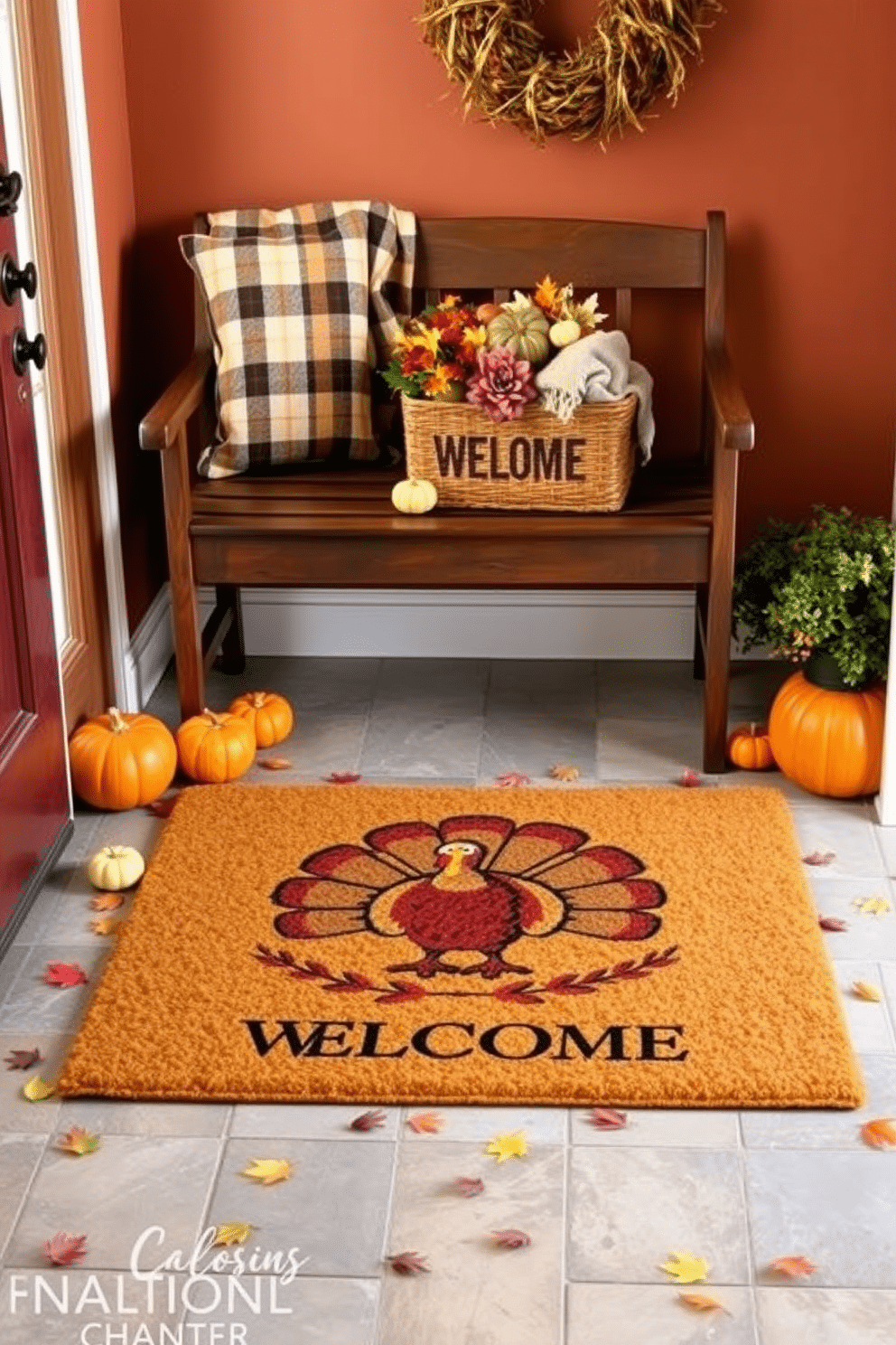 A welcoming entryway featuring a cozy welcome mat adorned with a turkey motif. Surrounding the mat, there are autumn-themed decorations including small pumpkins and colorful leaves scattered on the floor. The walls are painted in warm earth tones, creating a festive atmosphere. A wooden bench is placed nearby, topped with a soft plaid throw and a basket filled with seasonal decor.