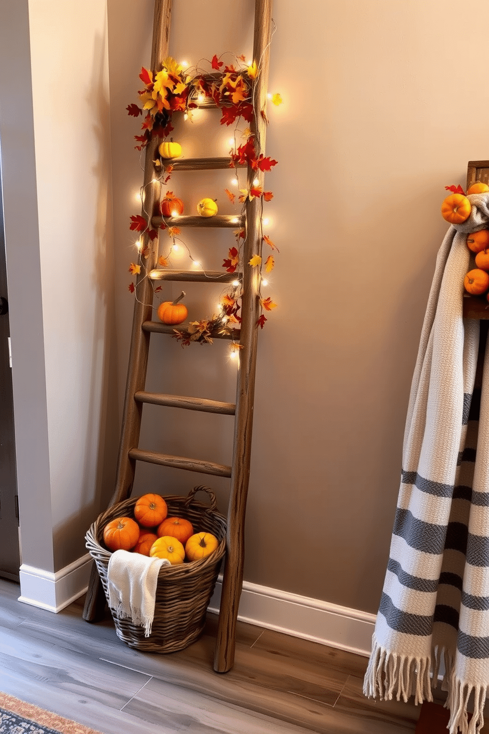 A rustic wooden ladder leans against the wall, adorned with an array of fall decorations. Colorful leaves, small pumpkins, and twinkling fairy lights drape from the rungs, creating a warm and inviting atmosphere. At the base of the ladder, a woven basket filled with seasonal fruits adds a touch of charm. A cozy throw blanket is casually draped over one side, enhancing the welcoming feel of the entryway.