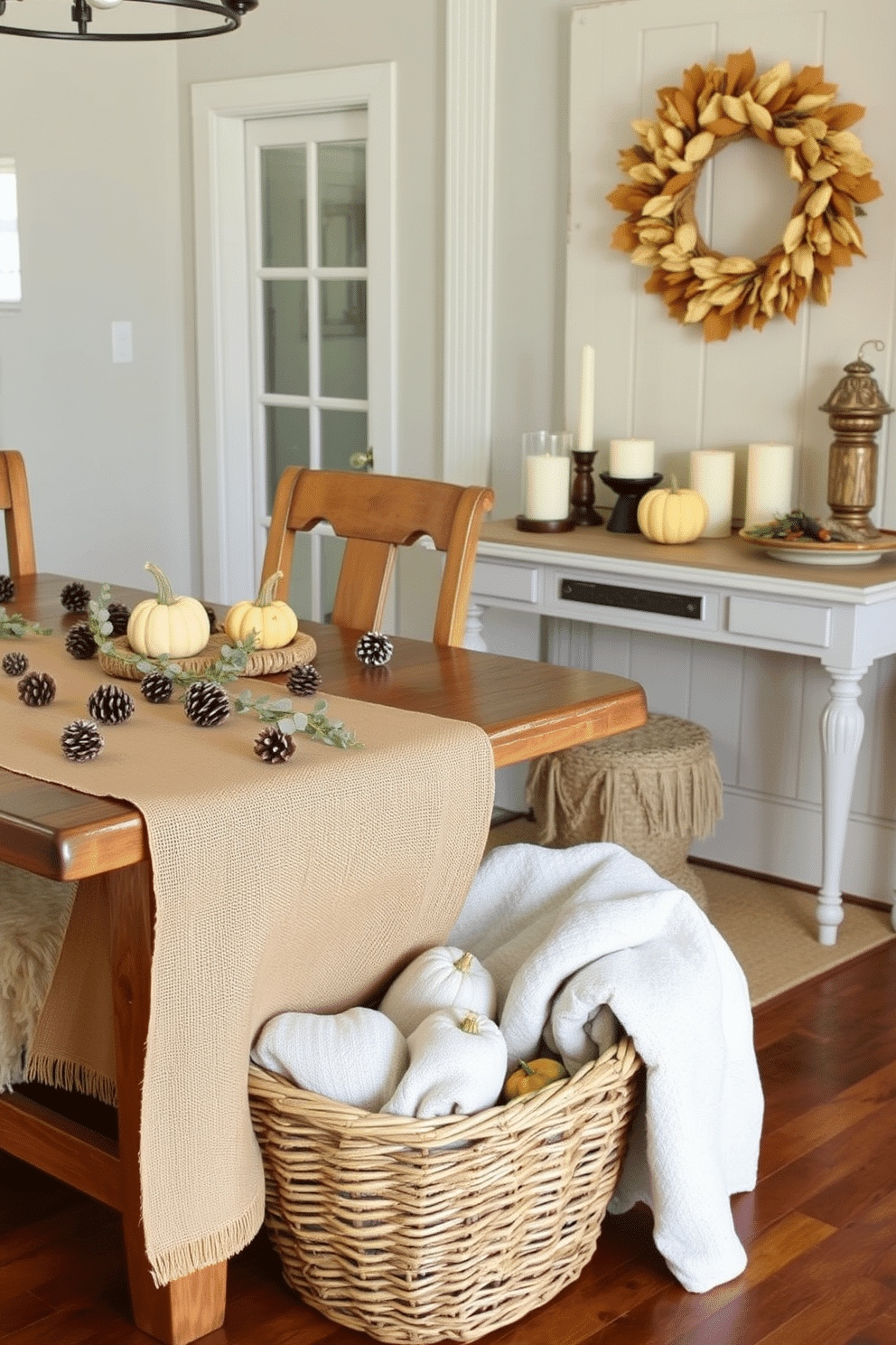 A burlap tablecloth drapes elegantly over a rustic wooden dining table adorned with natural elements. Scattered across the table are pinecones, small pumpkins, and sprigs of eucalyptus, creating a warm and inviting atmosphere for Thanksgiving. The entryway features a charming console table topped with a seasonal display of gourds and candles. A woven basket filled with cozy blankets sits beneath the table, while a wreath made of dried leaves hangs on the door, welcoming guests with a touch of autumn.