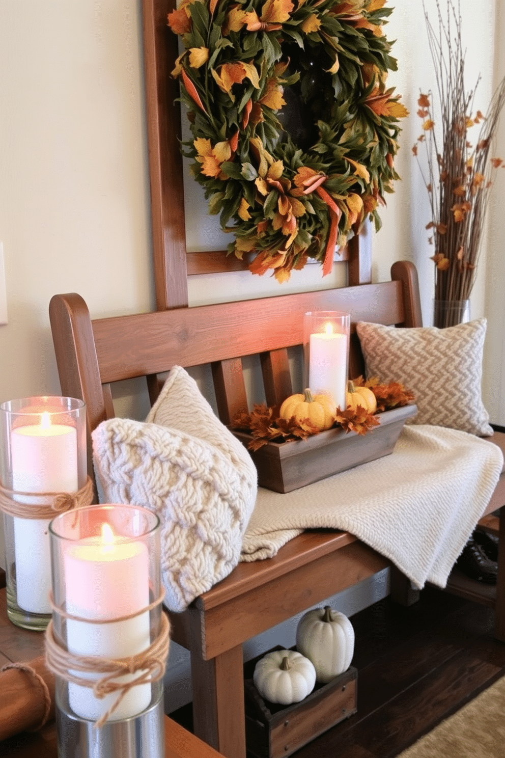 A warm and inviting entryway adorned for Thanksgiving. Votive candles are placed in mason jars wrapped with twine, creating a cozy ambiance as guests arrive. Seasonal decorations include a rustic wooden bench topped with a plush throw blanket. A centerpiece of autumn leaves and small pumpkins adds a festive touch to the space.