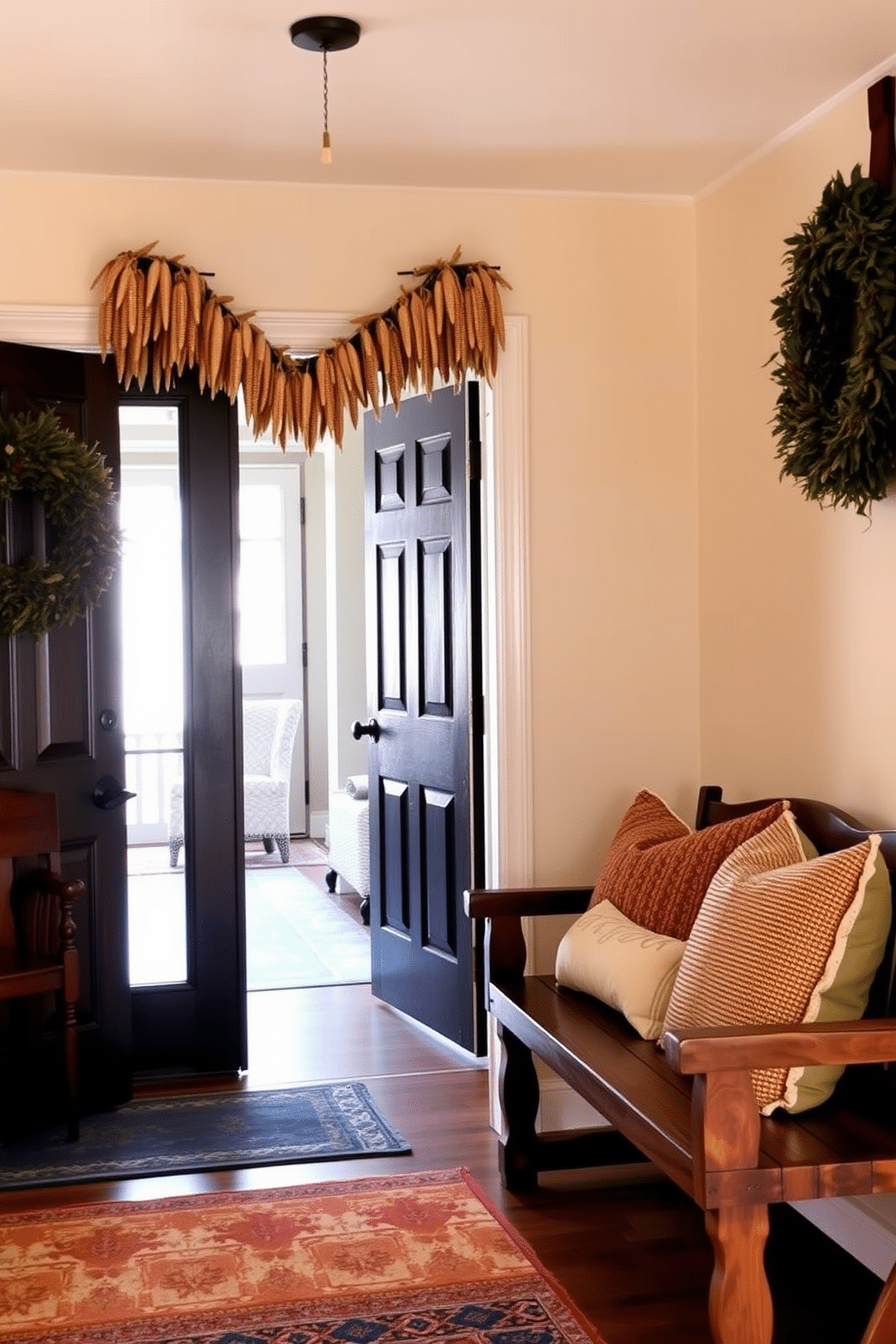 A warm and inviting entryway adorned with a garland of dried corn hanging from the door. The walls are painted in a soft cream color, and a rustic wooden bench sits against one side, topped with cozy throw pillows.