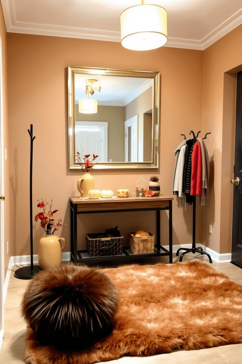 A welcoming entryway adorned with a plush faux fur rug that adds a cozy touch to the space. The walls are painted in a warm beige tone, and seasonal decorations like miniature pumpkins and autumn leaves are arranged on a console table. A stylish coat rack stands to one side, holding a mix of jackets and scarves. A large mirror above the console reflects the inviting atmosphere, while a soft golden light fixture illuminates the area, creating a warm and inviting ambiance.