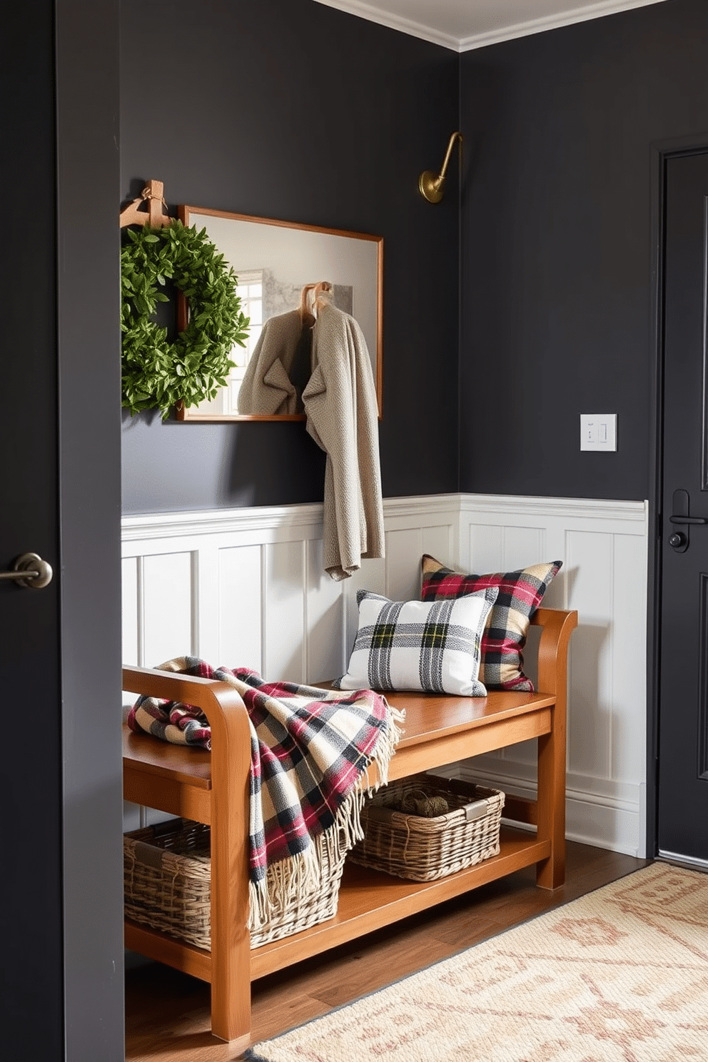 A cozy entryway featuring a wooden bench adorned with a warm plaid throw blanket. The walls are painted