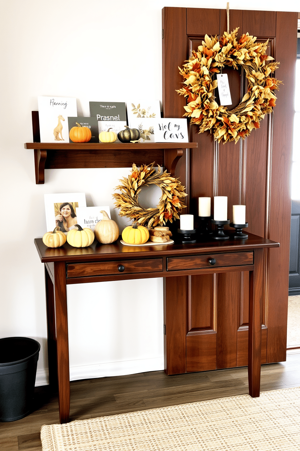 A cozy entryway adorned for Thanksgiving. A wooden shelf displays seasonal greeting cards alongside small pumpkins and autumn leaves, creating a warm and inviting atmosphere. The entryway features a rich, dark wood console table topped with a festive arrangement of gourds and candles. A wreath made of dried flowers and leaves hangs on the door, welcoming guests with a touch of seasonal charm.