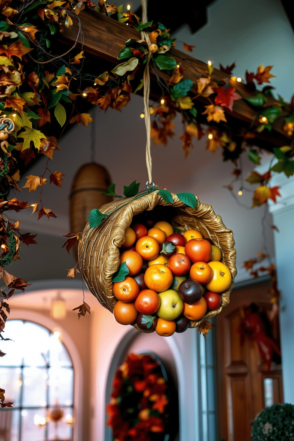 A stunning entryway adorned with a hanging cornucopia filled with vibrant seasonal fruits. The cornucopia is suspended from a rustic wooden beam, surrounded by autumn leaves and soft fairy lights for a warm glow.