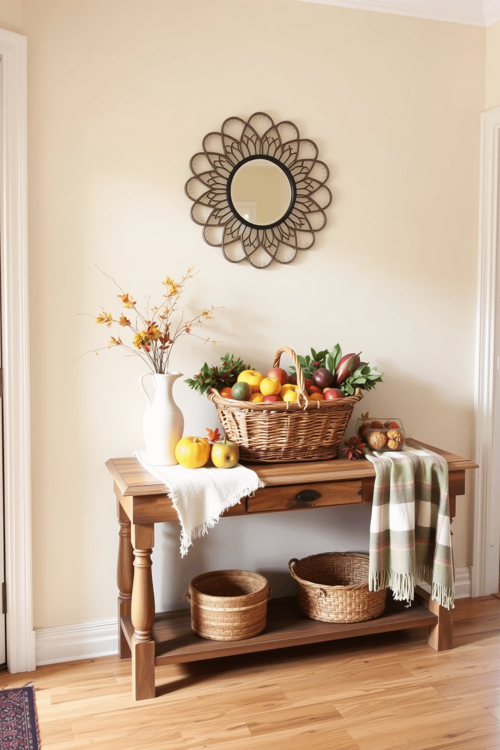 A warm and inviting entryway features a woven basket filled with seasonal fruits, creating a welcoming atmosphere for guests. The basket is placed on a rustic wooden console table adorned with autumn-themed decorations and a cozy throw blanket draped over one side. The walls are painted in a soft cream color, enhancing the natural light that floods the space. A decorative mirror hangs above the table, reflecting the vibrant colors of the fruits and adding depth to the entryway.