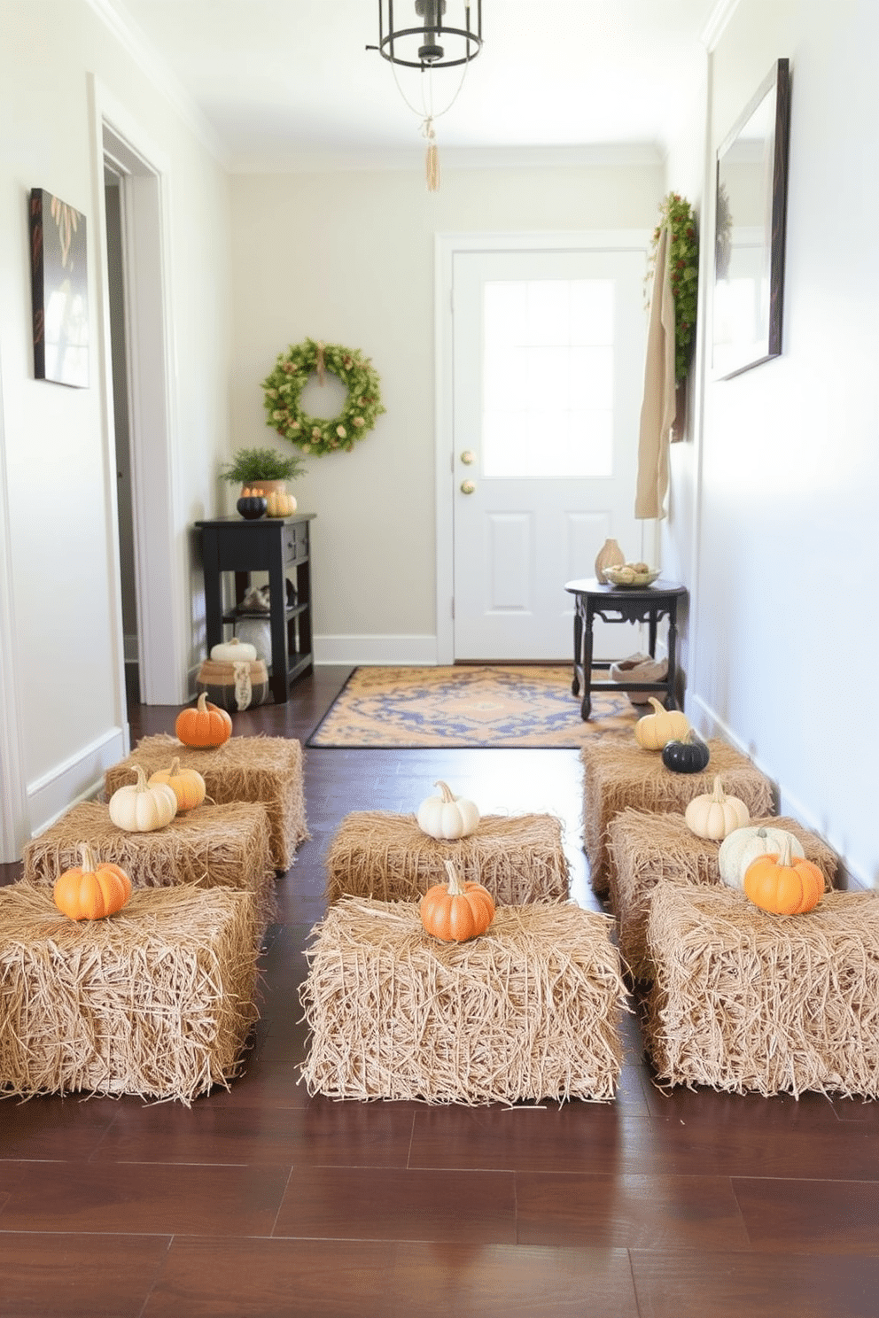 A charming entryway adorned with miniature hay bales arranged neatly on the floor. Decorative gourds in various shapes and colors are artfully placed atop the hay bales, creating a festive Thanksgiving atmosphere.