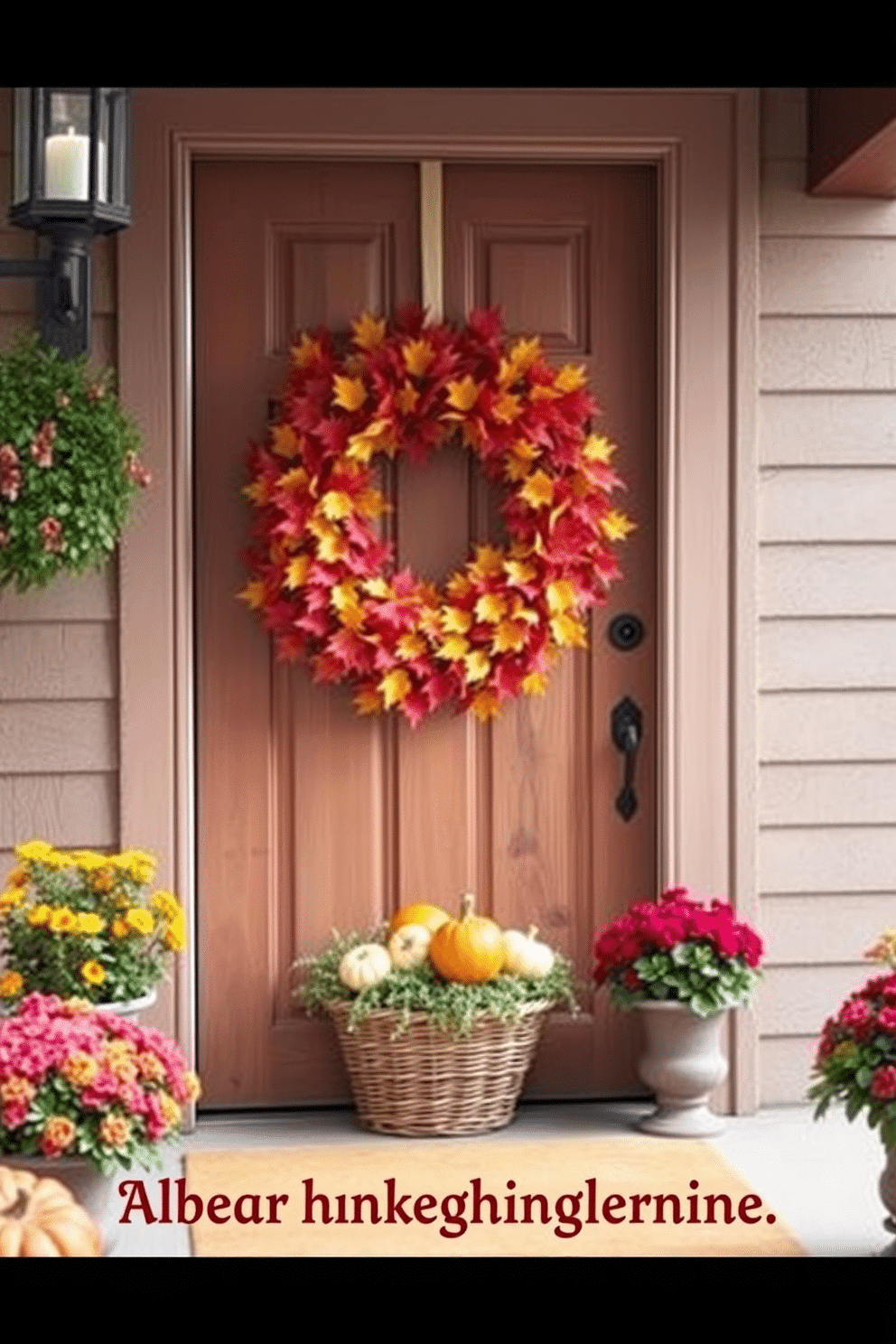 A warm and inviting entryway adorned with an autumn wreath featuring vibrant leaves in shades of red, orange, and yellow. The wreath is hung on a rustic wooden door, complemented by a small basket filled with pumpkins and gourds at the base. Surrounding the entryway are potted plants with seasonal blooms, adding a touch of nature. Soft lighting from a lantern illuminates the space, creating a cozy atmosphere perfect for welcoming guests during Thanksgiving.