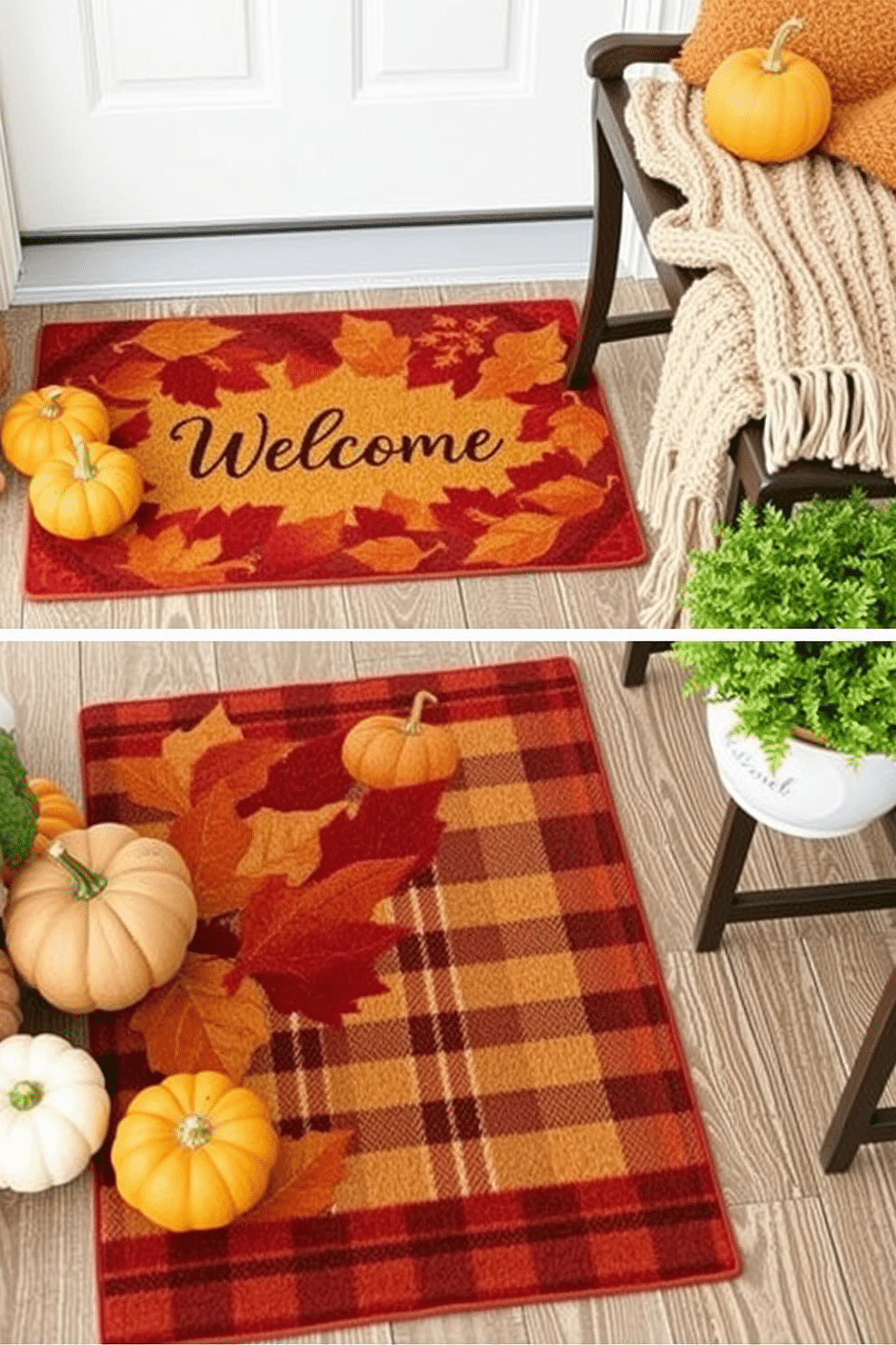 Layered doormats featuring rich autumn colors and intricate leaf patterns create a warm welcome at your entryway. The top mat displays a cheerful 