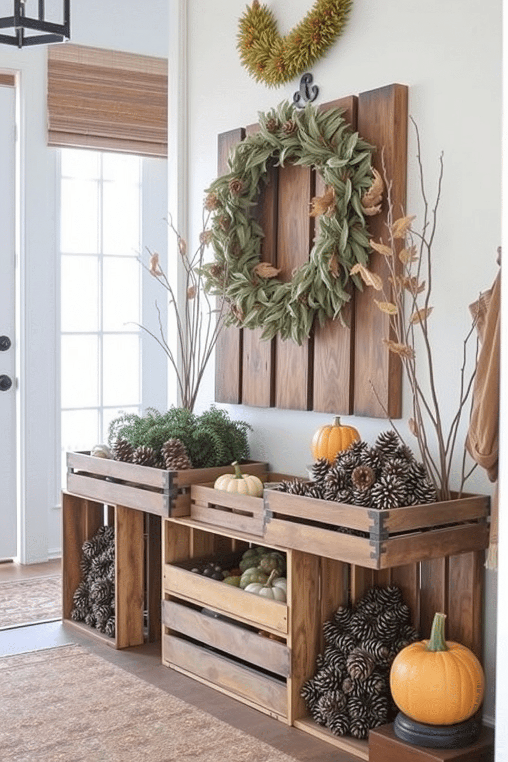 A charming entryway adorned for Thanksgiving. Vintage wooden crates filled with pinecones create a warm and inviting atmosphere, complemented by soft autumnal decor.