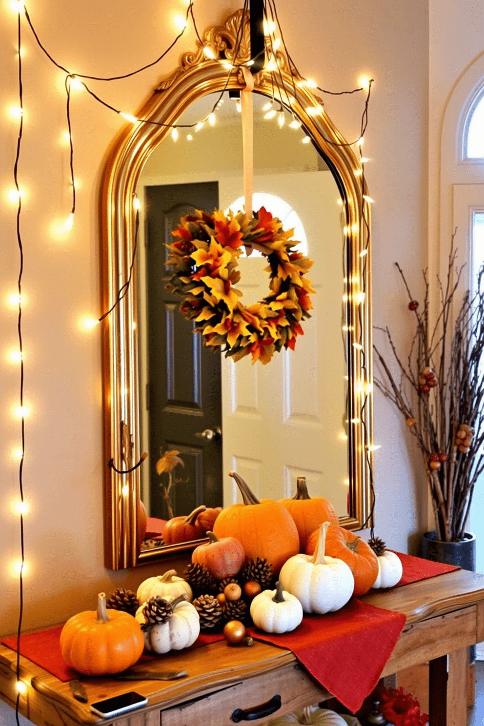 A warm and inviting entryway decorated for Thanksgiving. String lights are elegantly draped around a large, ornate mirror, casting a soft glow throughout the space. Rich autumn colors dominate the decor, with a vibrant wreath made of leaves and berries hanging on the door. A rustic console table is adorned with pumpkins, pinecones, and a festive runner, creating a welcoming atmosphere.